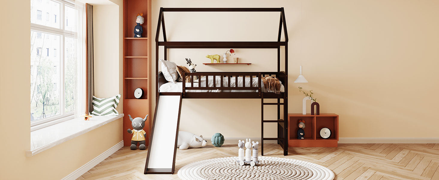 Royard Oaktree Twin House Loft Bed with Roof and Slide Wooden Bed Frame with Guardrail and Ladder for Kids Boys Girls Teens, No Box Spring Needed