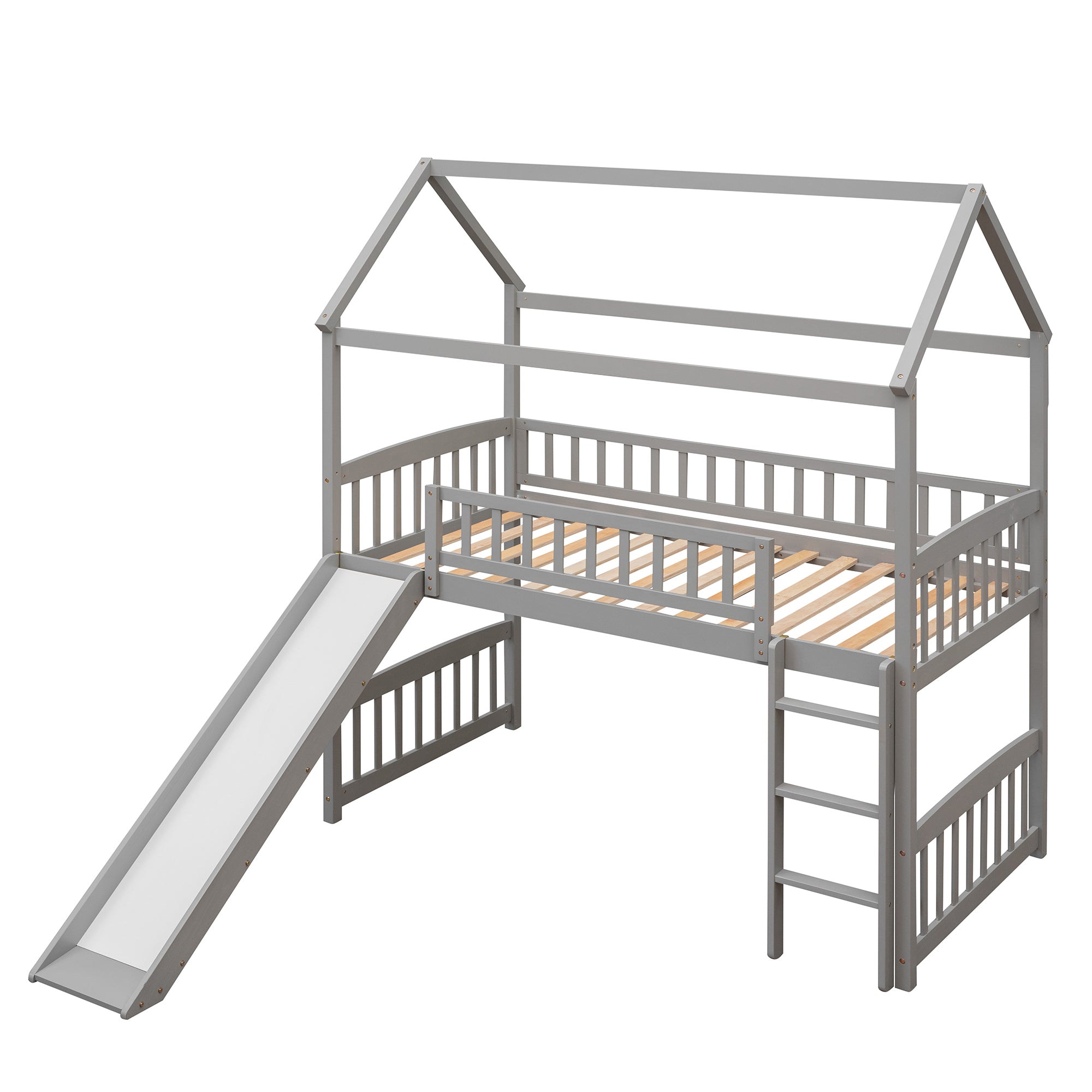 Royard Oaktree Twin House Loft Bed with Roof and Slide Wooden Bed Frame with Guardrail and Ladder for Kids Boys Girls Teens, No Box Spring Needed