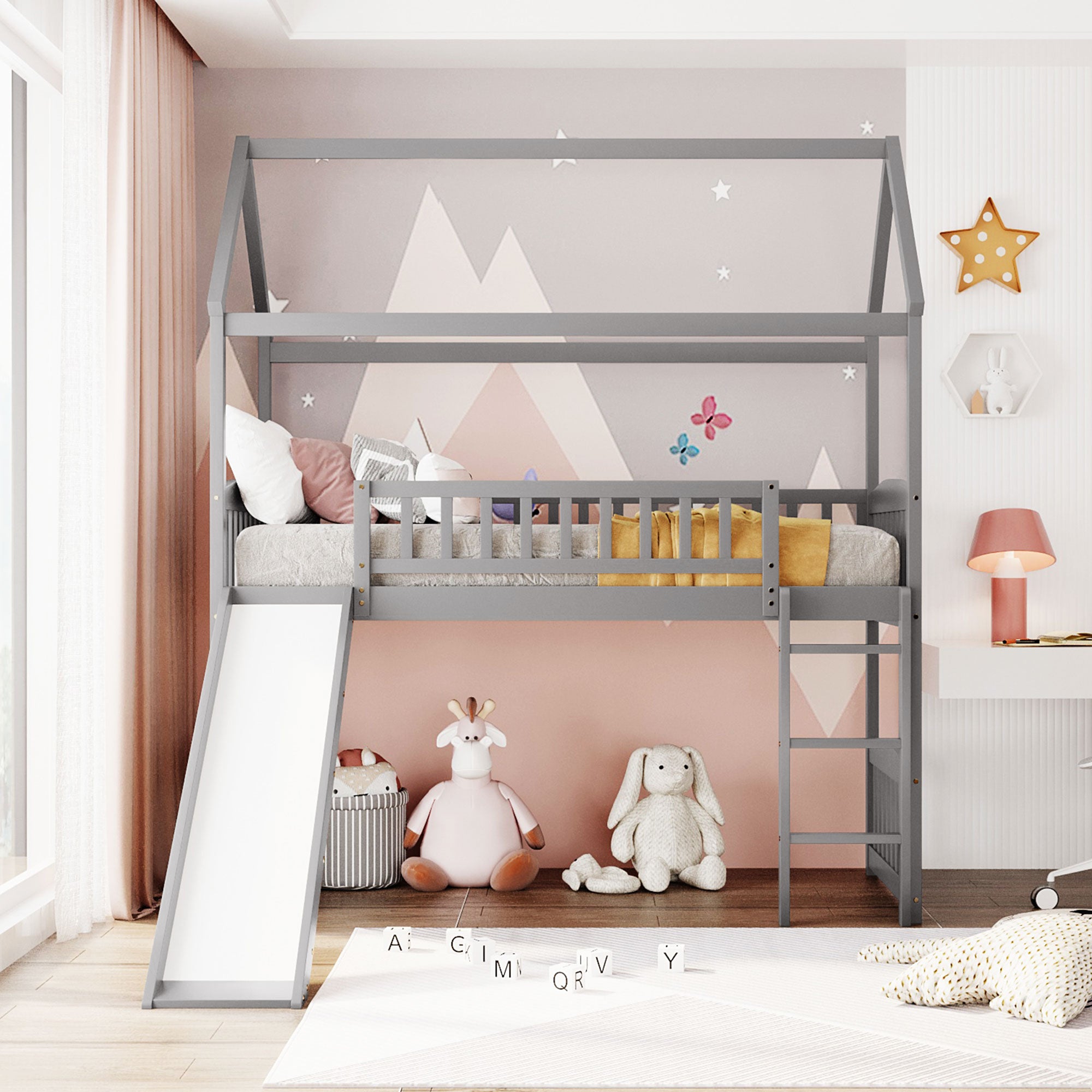 Royard Oaktree Twin House Loft Bed with Roof and Slide Wooden Bed Frame with Guardrail and Ladder for Kids Boys Girls Teens, No Box Spring Needed