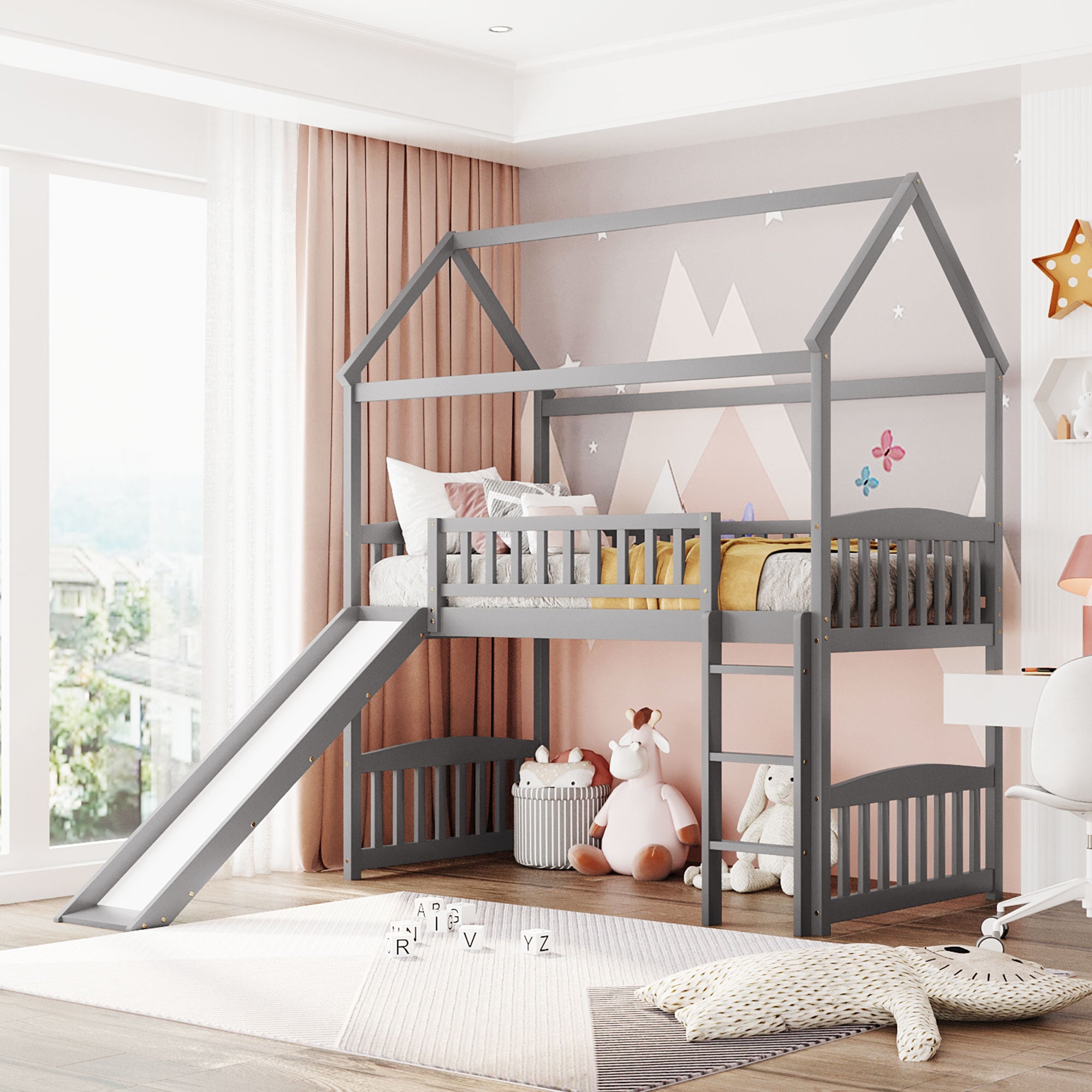 Royard Oaktree Twin House Loft Bed with Roof and Slide Wooden Bed Frame with Guardrail and Ladder for Kids Boys Girls Teens, No Box Spring Needed