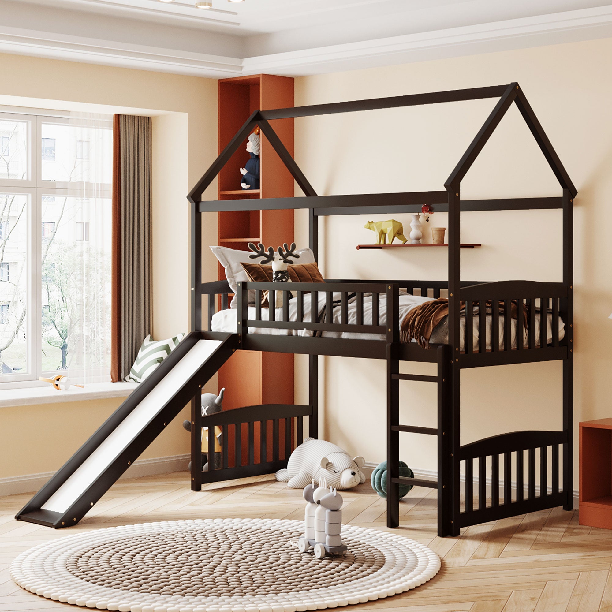 Royard Oaktree Twin House Loft Bed with Roof and Slide Wooden Bed Frame with Guardrail and Ladder for Kids Boys Girls Teens, No Box Spring Needed