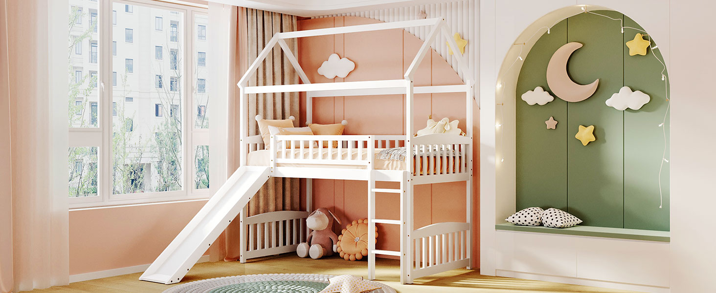 Royard Oaktree Twin House Loft Bed with Roof and Slide Wooden Bed Frame with Guardrail and Ladder for Kids Boys Girls Teens, No Box Spring Needed