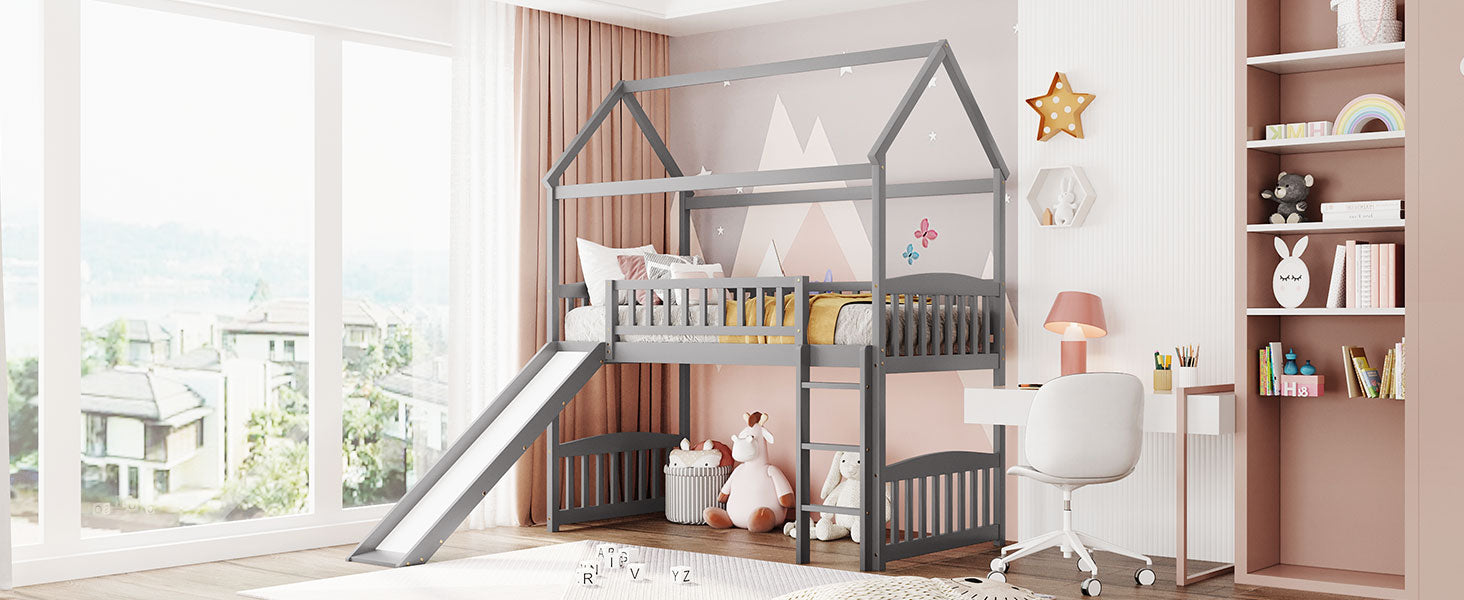 Royard Oaktree Twin House Loft Bed with Roof and Slide Wooden Bed Frame with Guardrail and Ladder for Kids Boys Girls Teens, No Box Spring Needed