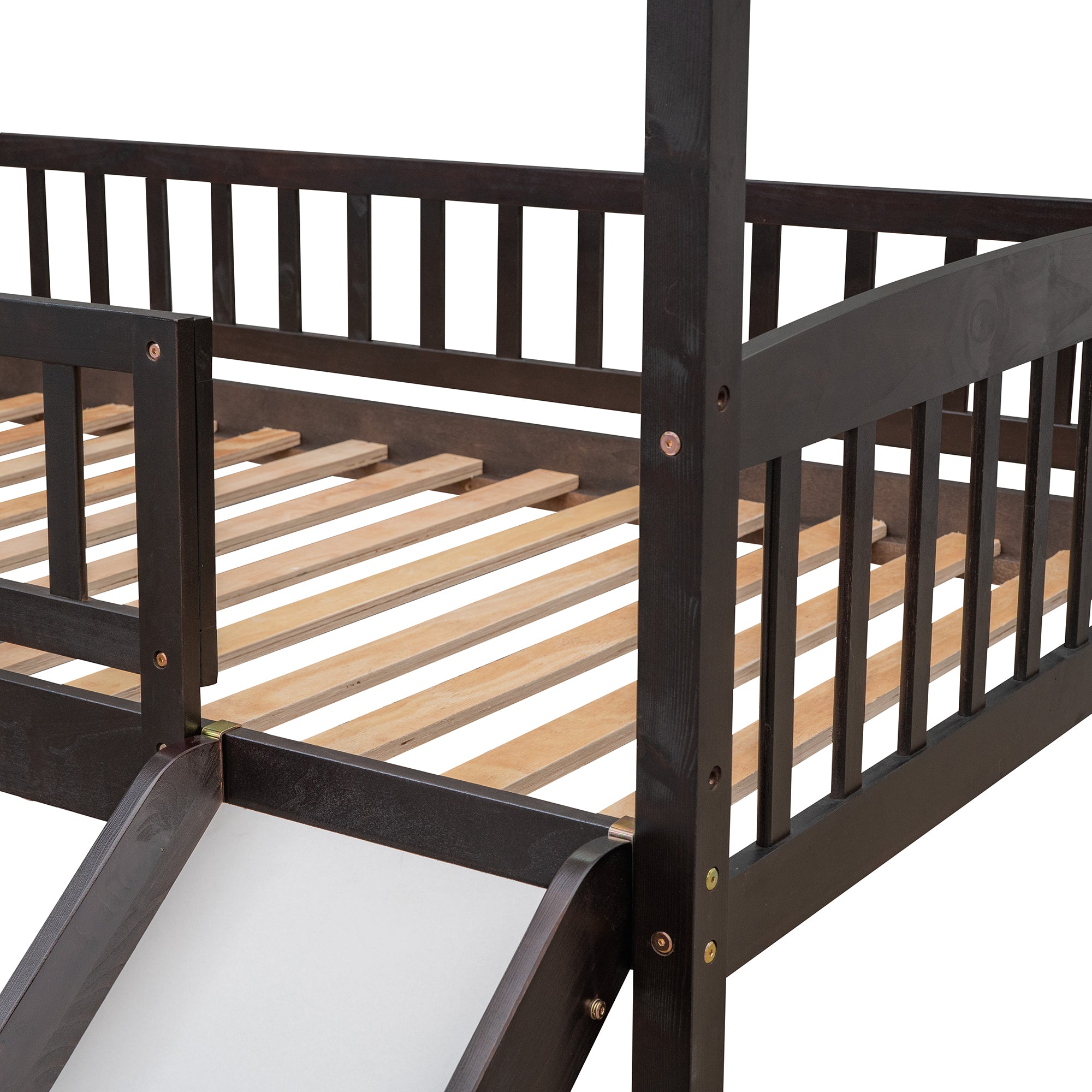 Royard Oaktree Twin House Loft Bed with Roof and Slide Wooden Bed Frame with Guardrail and Ladder for Kids Boys Girls Teens, No Box Spring Needed