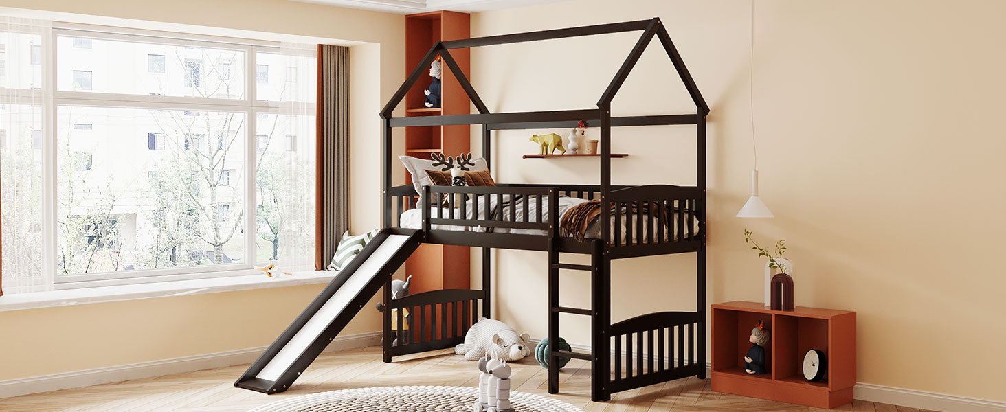 Royard Oaktree Twin House Loft Bed with Roof and Slide Wooden Bed Frame with Guardrail and Ladder for Kids Boys Girls Teens, No Box Spring Needed