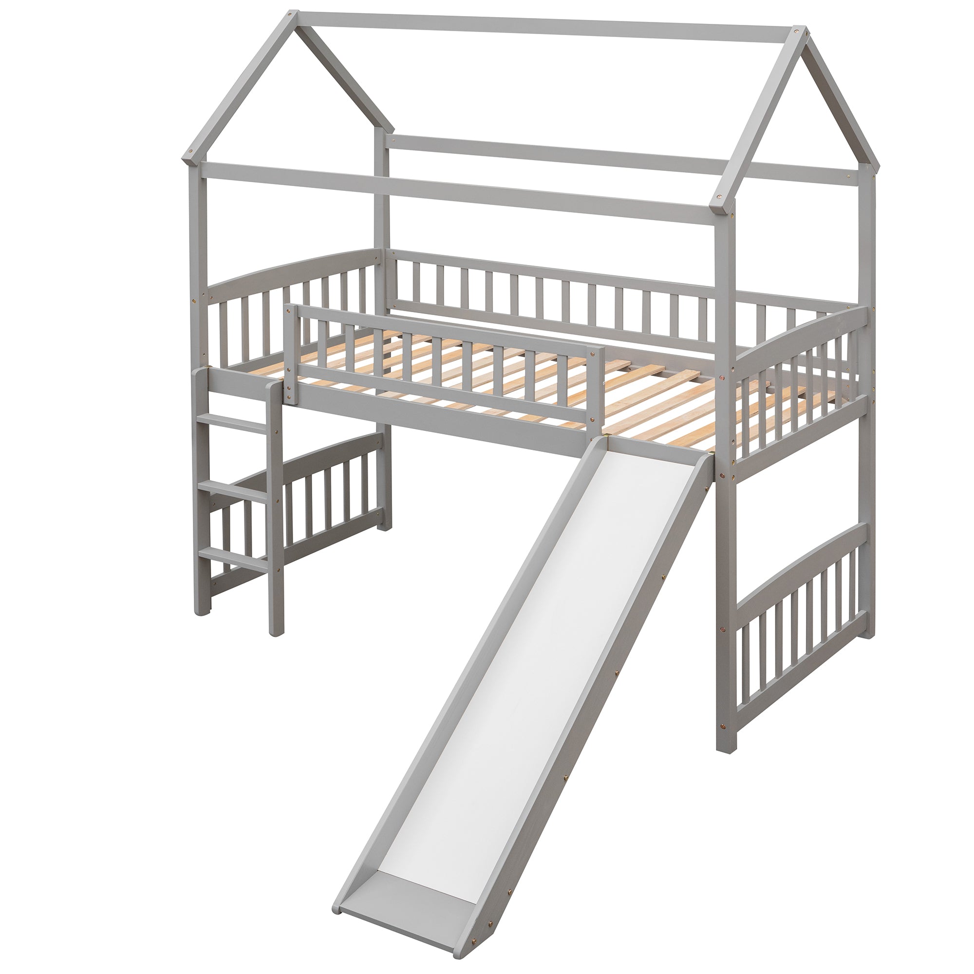 Royard Oaktree Twin House Loft Bed with Roof and Slide Wooden Bed Frame with Guardrail and Ladder for Kids Boys Girls Teens, No Box Spring Needed