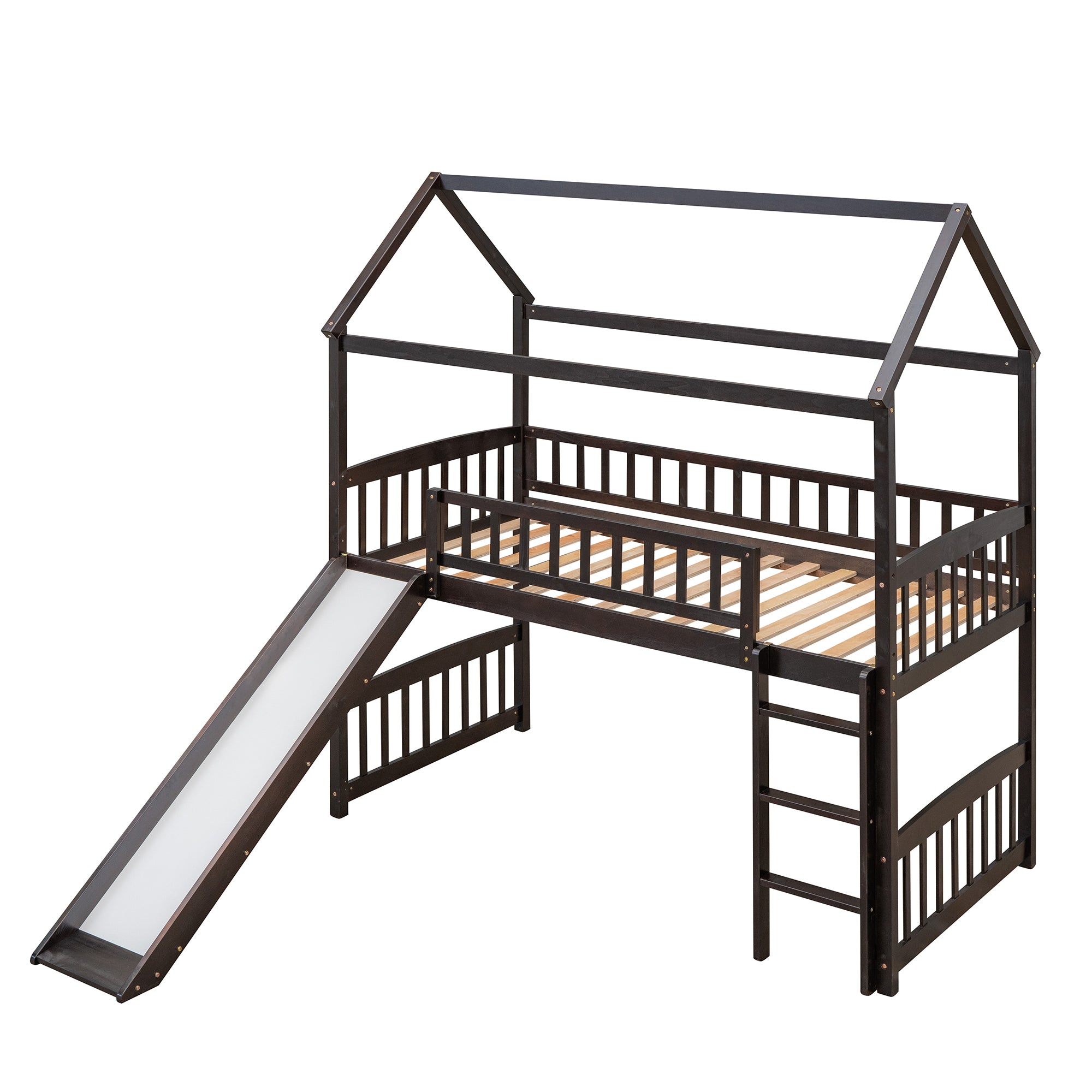 Royard Oaktree Twin House Loft Bed with Roof and Slide Wooden Bed Frame with Guardrail and Ladder for Kids Boys Girls Teens, No Box Spring Needed