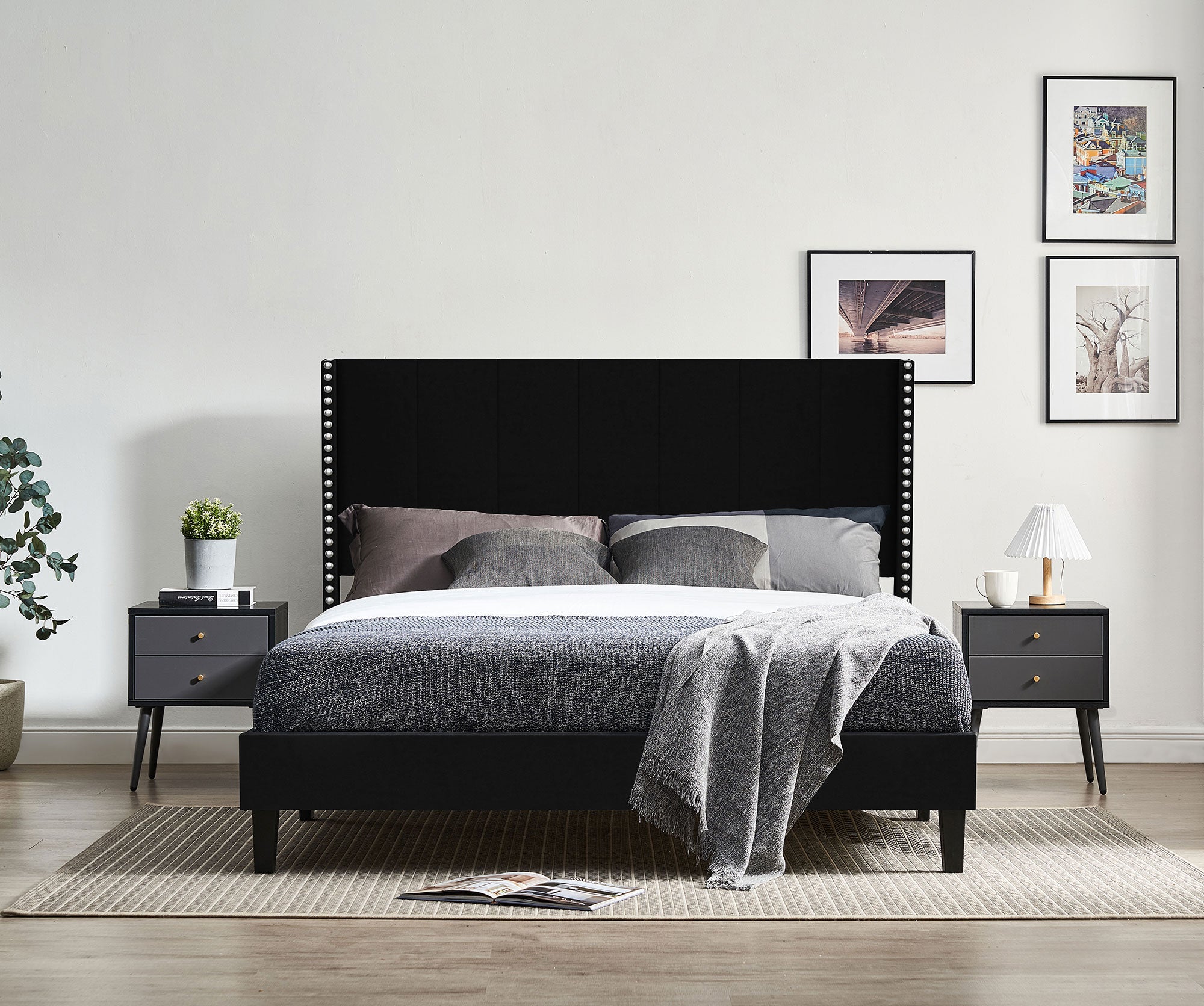 Queen Size Tufted Upholstered Bed Frame Low Profile Velvet Bed Frame Platform with Raised Wingback Headboard/No Box Spring Required/Wood Slat Support