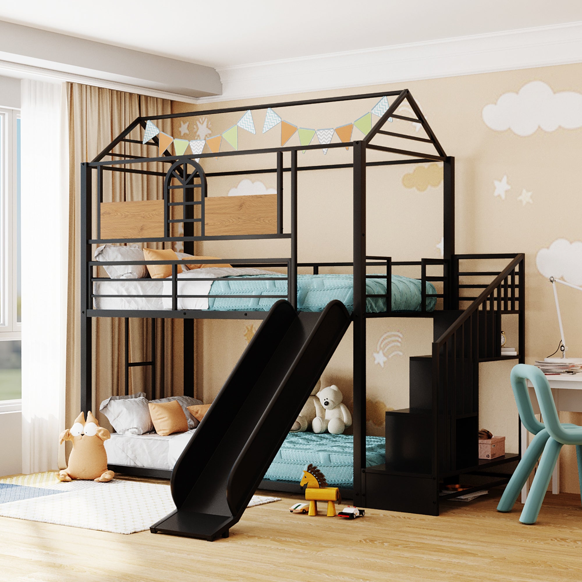 Royard Oaktree Twin Over Twin House Bunk Bed Frame with Roof and Window Metal Housebed with Slide and Storage Stair, Black