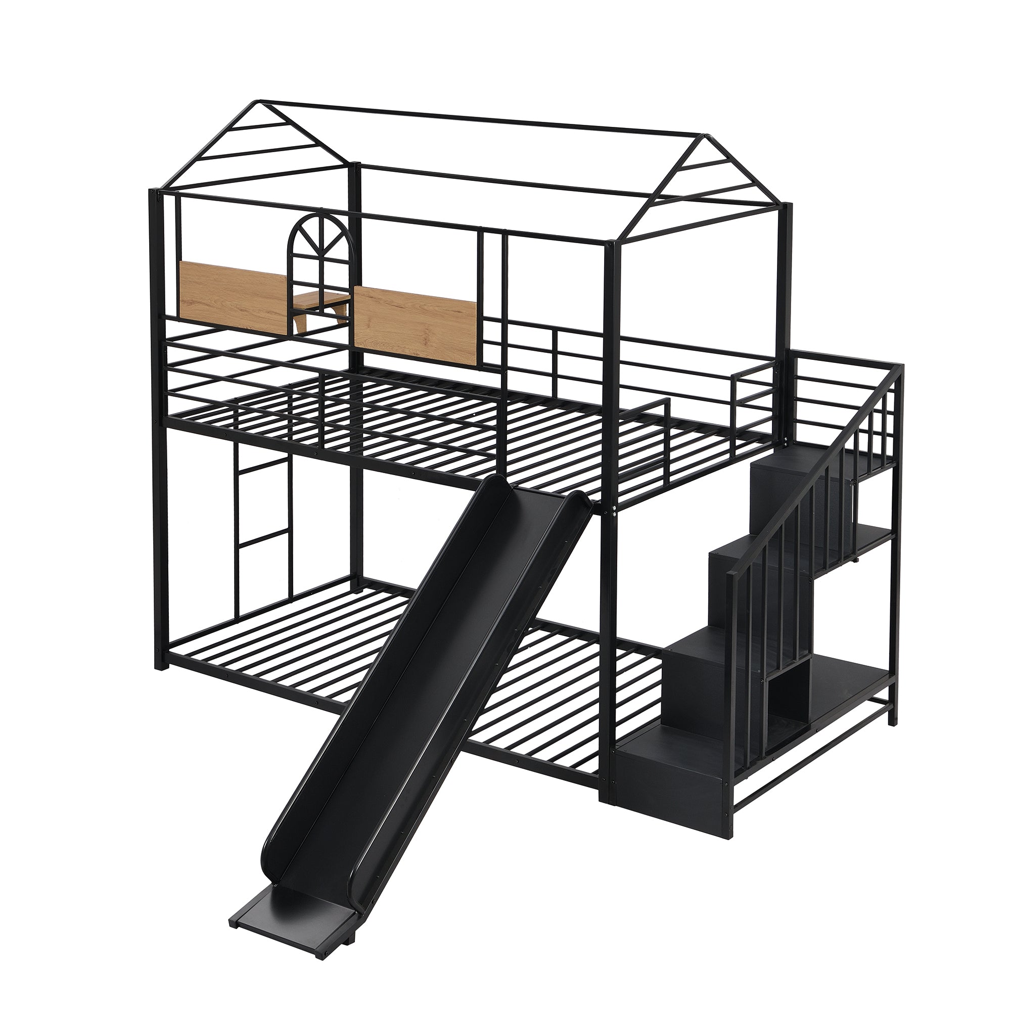 Royard Oaktree Twin Over Twin House Bunk Bed Frame with Roof and Window Metal Housebed with Slide and Storage Stair, Black