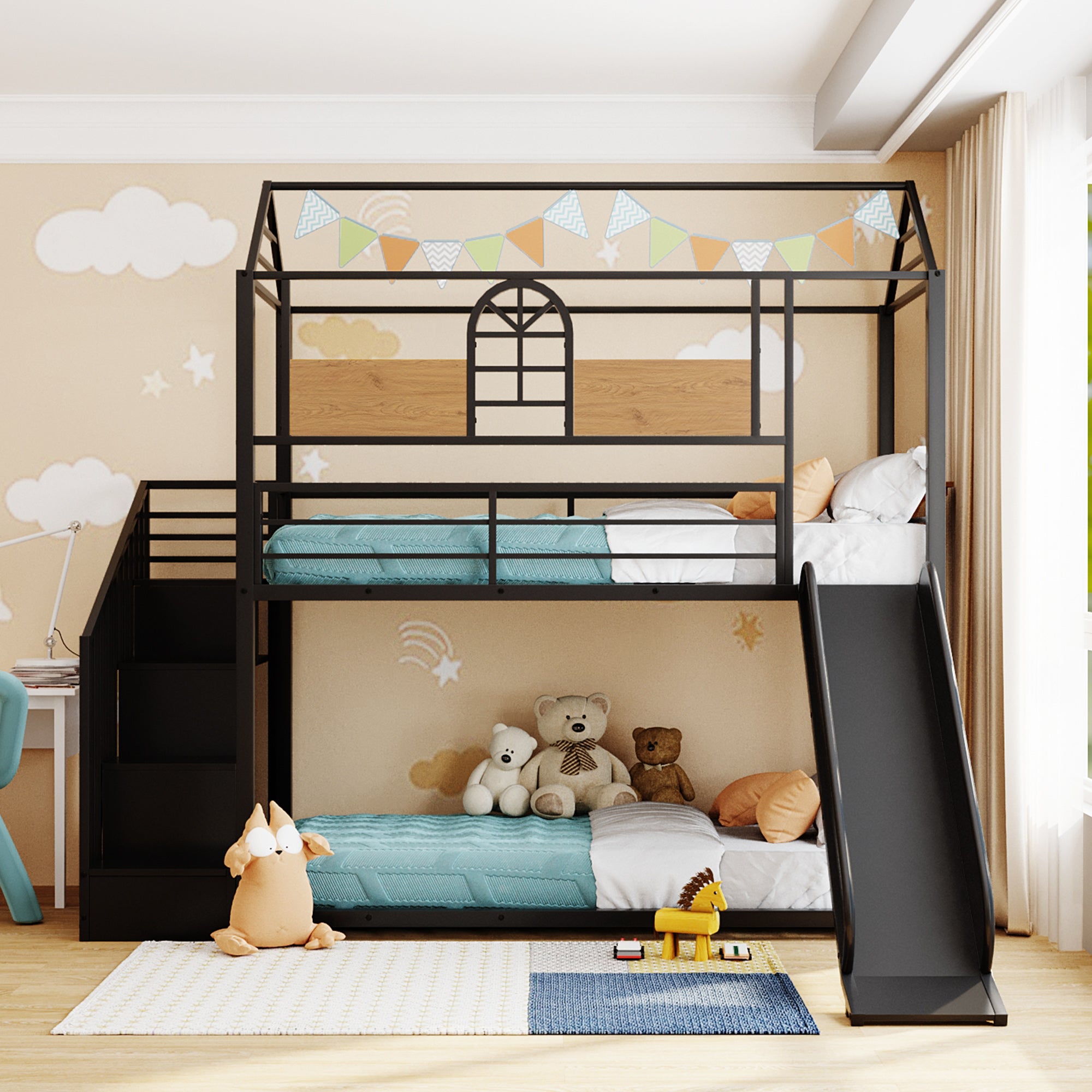 Royard Oaktree Twin Over Twin House Bunk Bed Frame with Roof and Window Metal Housebed with Slide and Storage Stair, Black