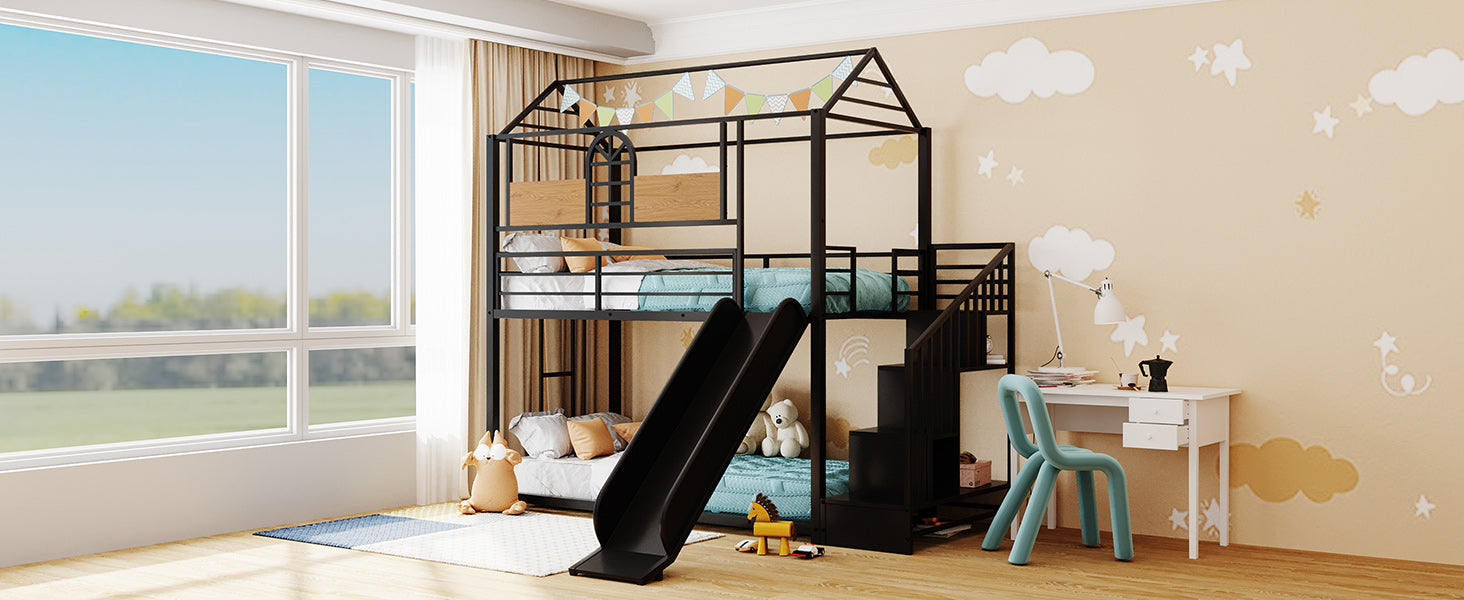 Royard Oaktree Twin Over Twin House Bunk Bed Frame with Roof and Window Metal Housebed with Slide and Storage Stair, Black