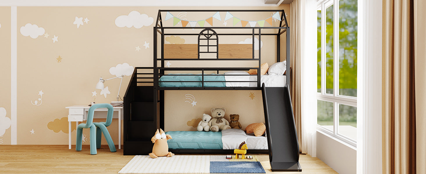 Royard Oaktree Twin Over Twin House Bunk Bed Frame with Roof and Window Metal Housebed with Slide and Storage Stair, Black