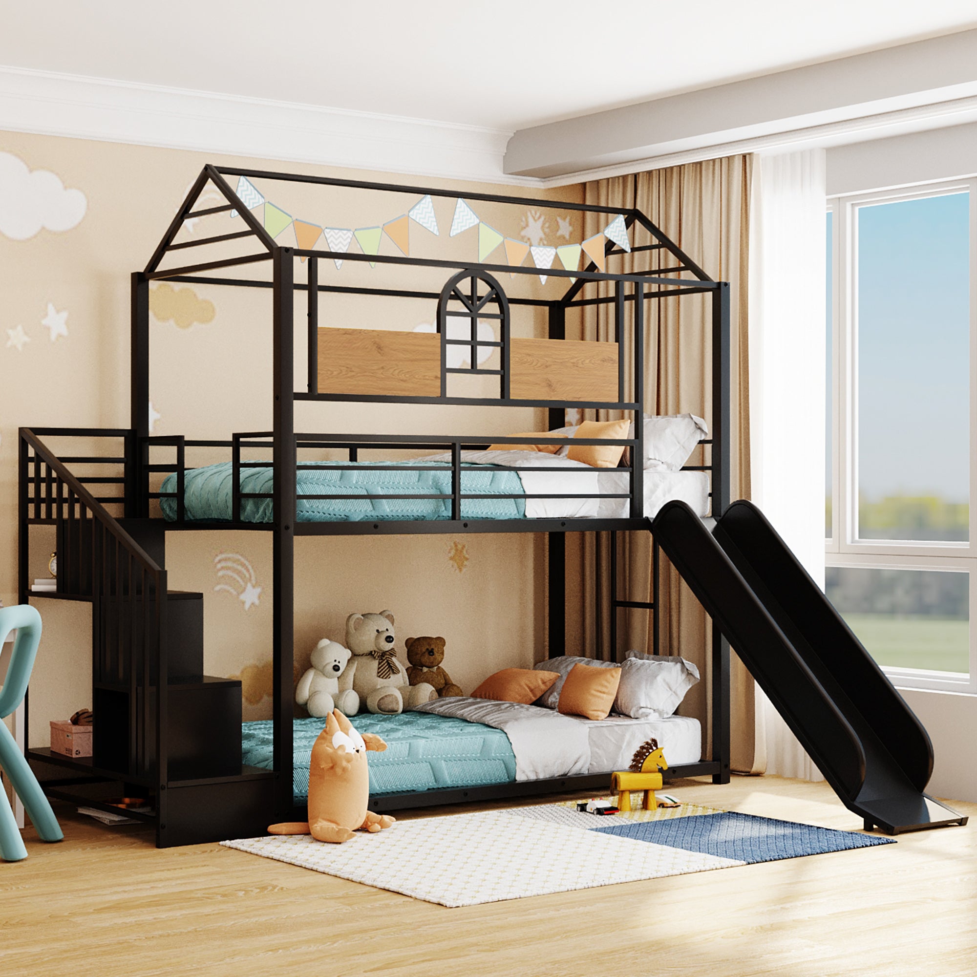 Royard Oaktree Twin Over Twin House Bunk Bed Frame with Roof and Window Metal Housebed with Slide and Storage Stair, Black