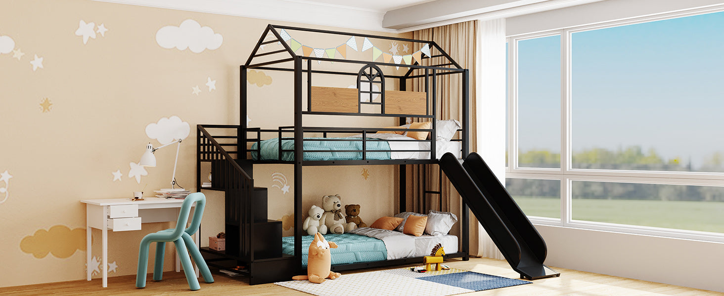 Royard Oaktree Twin Over Twin House Bunk Bed Frame with Roof and Window Metal Housebed with Slide and Storage Stair, Black