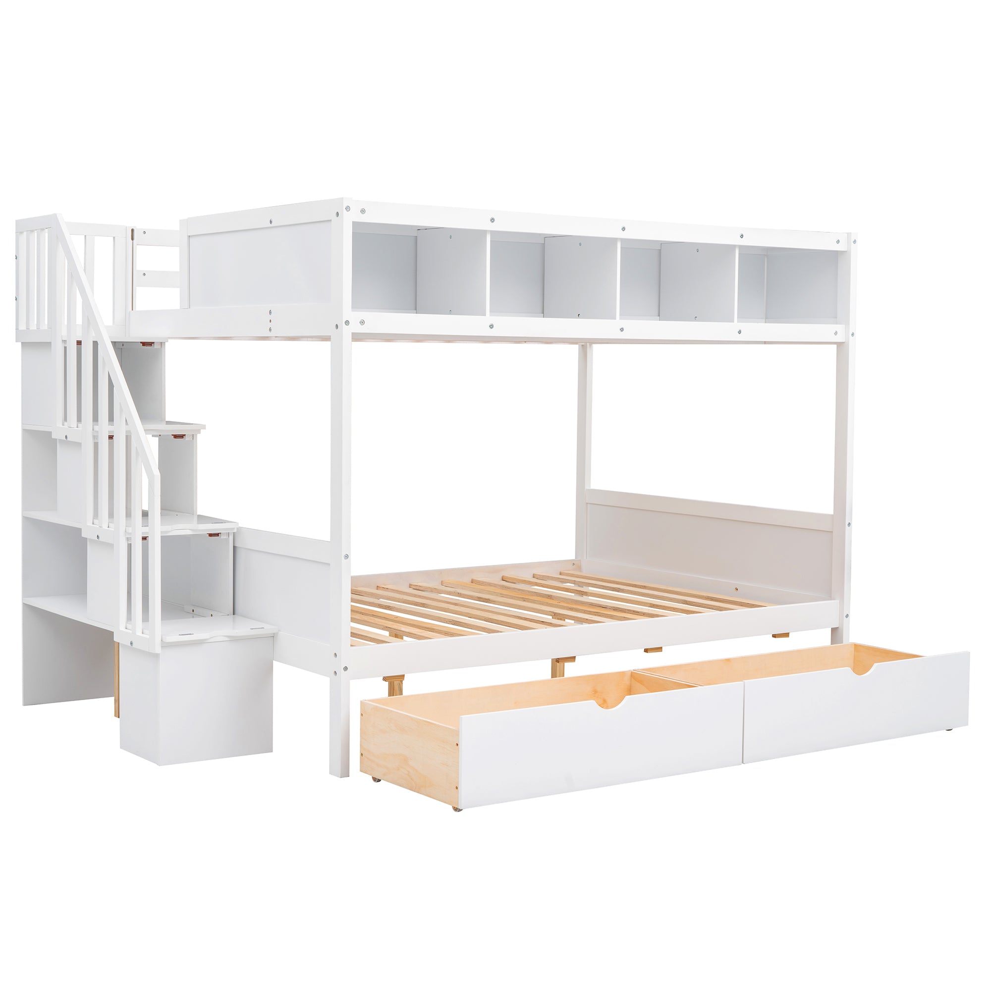 Royard Oaktree Twin over Full Bunk Bed with Top Shelves and Under-Bed Drawers Wood Bunk Bed Frame with Storage Staircase and Guardrail