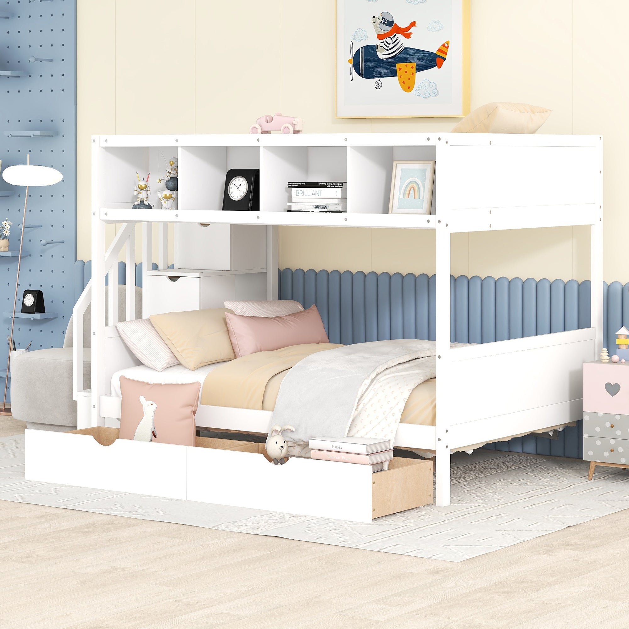 Royard Oaktree Twin over Full Bunk Bed with Top Shelves and Under-Bed Drawers Wood Bunk Bed Frame with Storage Staircase and Guardrail