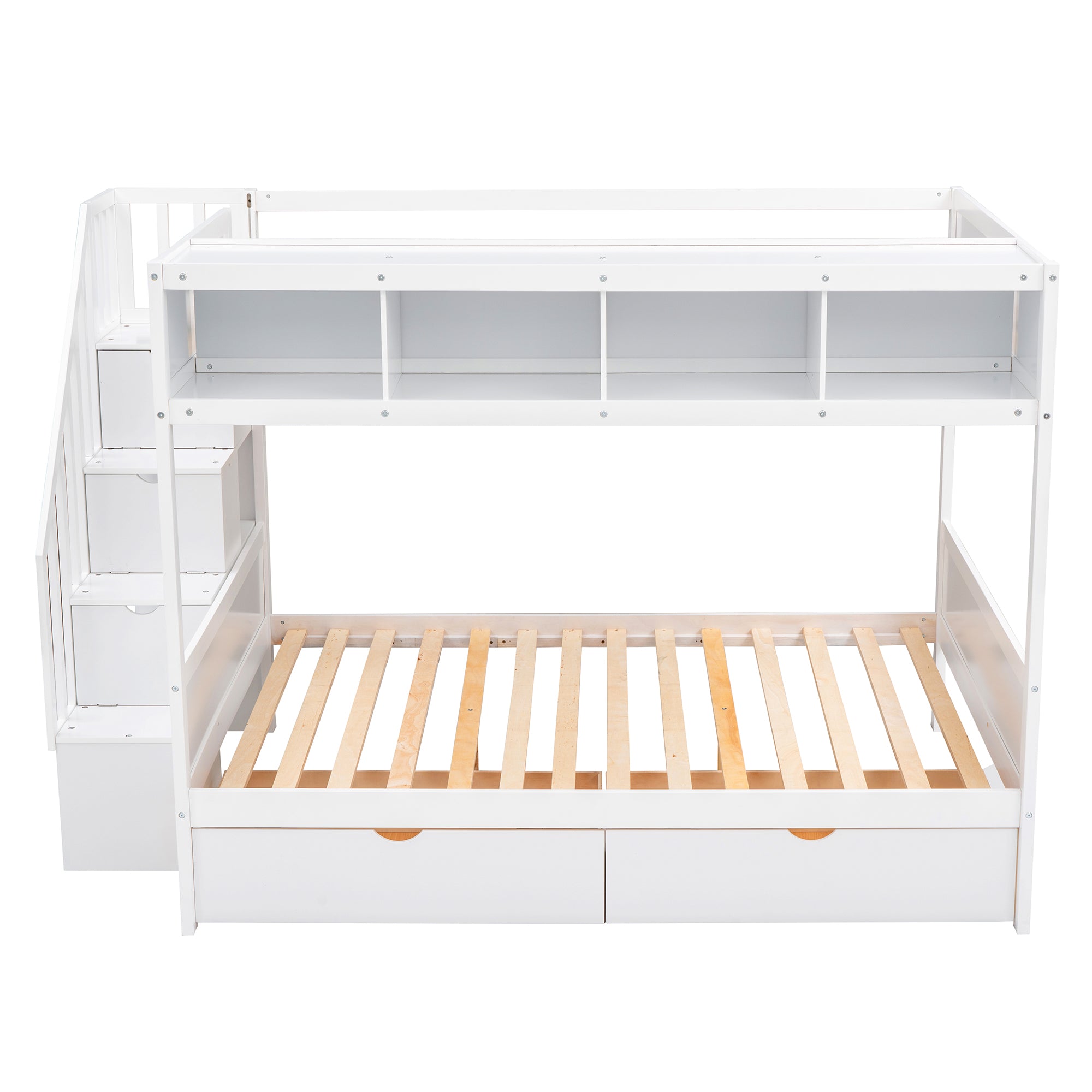 Royard Oaktree Twin over Full Bunk Bed with Top Shelves and Under-Bed Drawers Wood Bunk Bed Frame with Storage Staircase and Guardrail