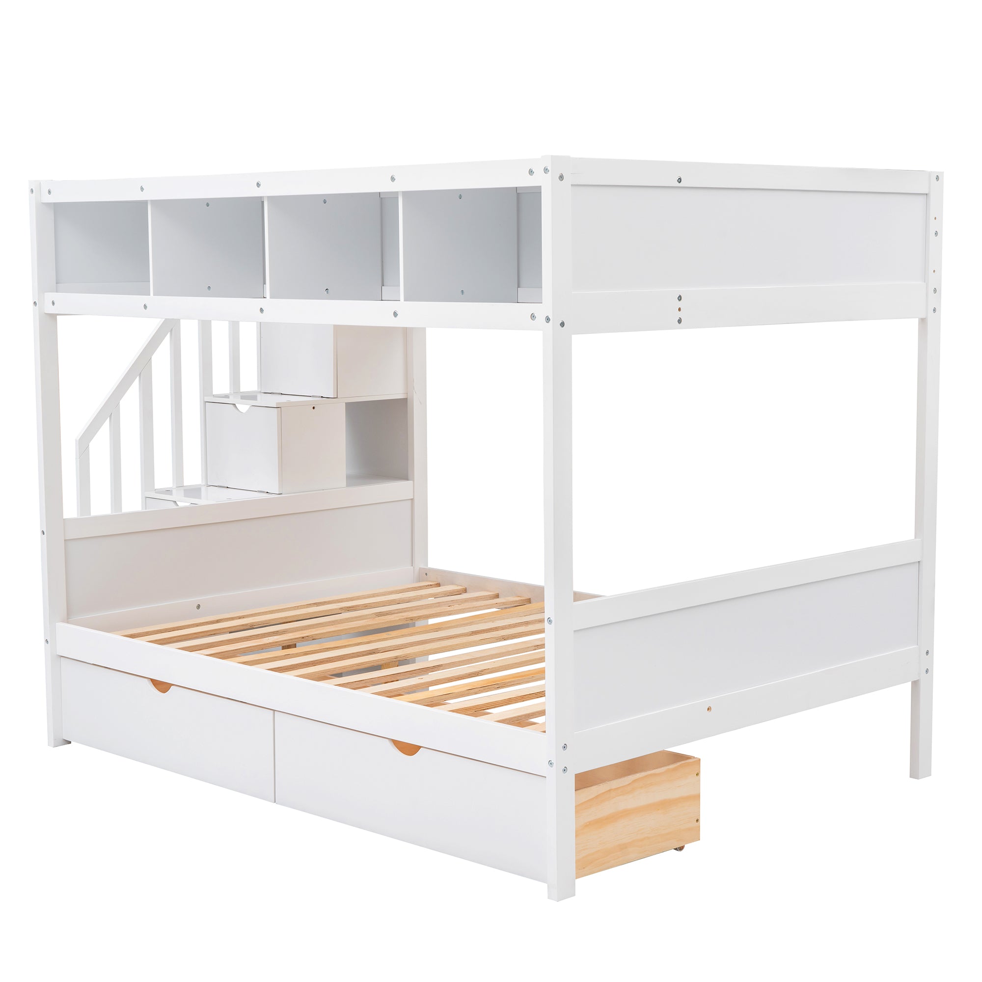 Royard Oaktree Twin over Full Bunk Bed with Top Shelves and Under-Bed Drawers Wood Bunk Bed Frame with Storage Staircase and Guardrail