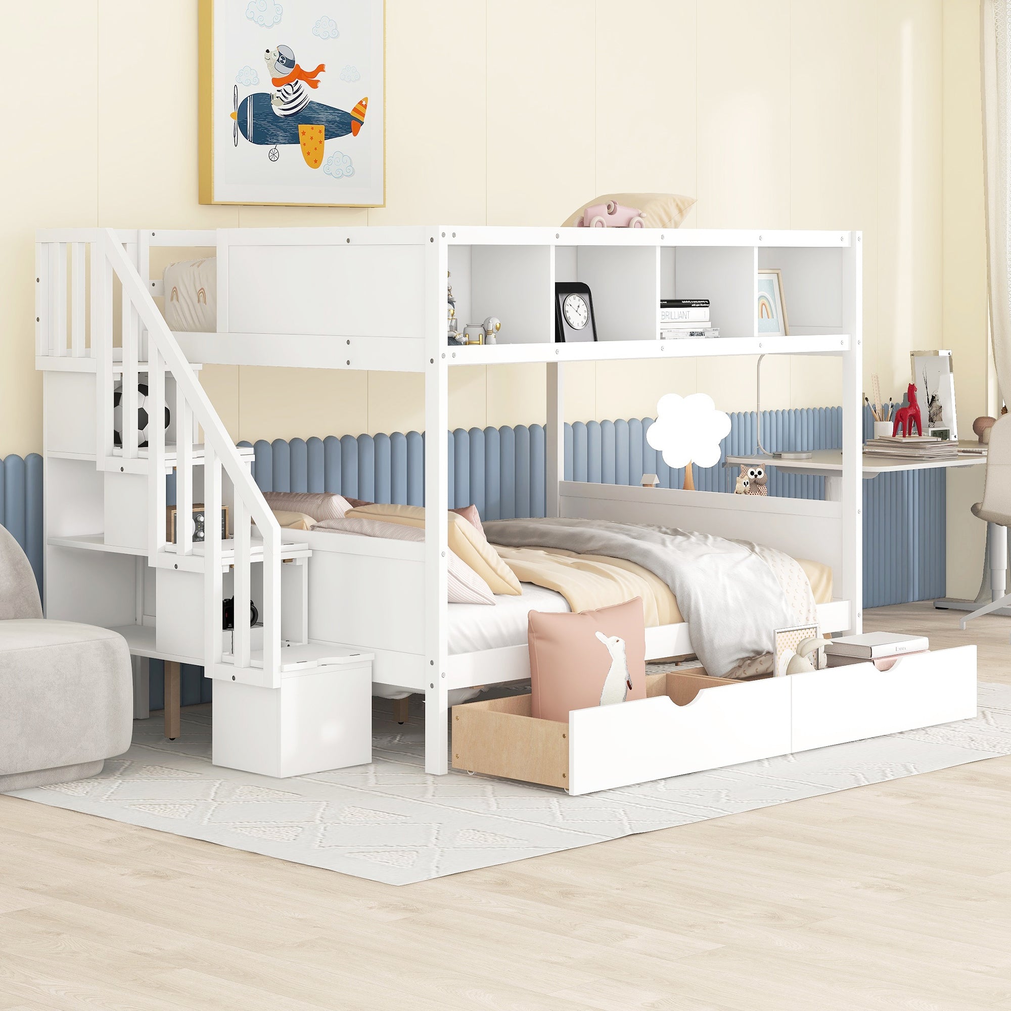 Royard Oaktree Twin over Full Bunk Bed with Top Shelves and Under-Bed Drawers Wood Bunk Bed Frame with Storage Staircase and Guardrail