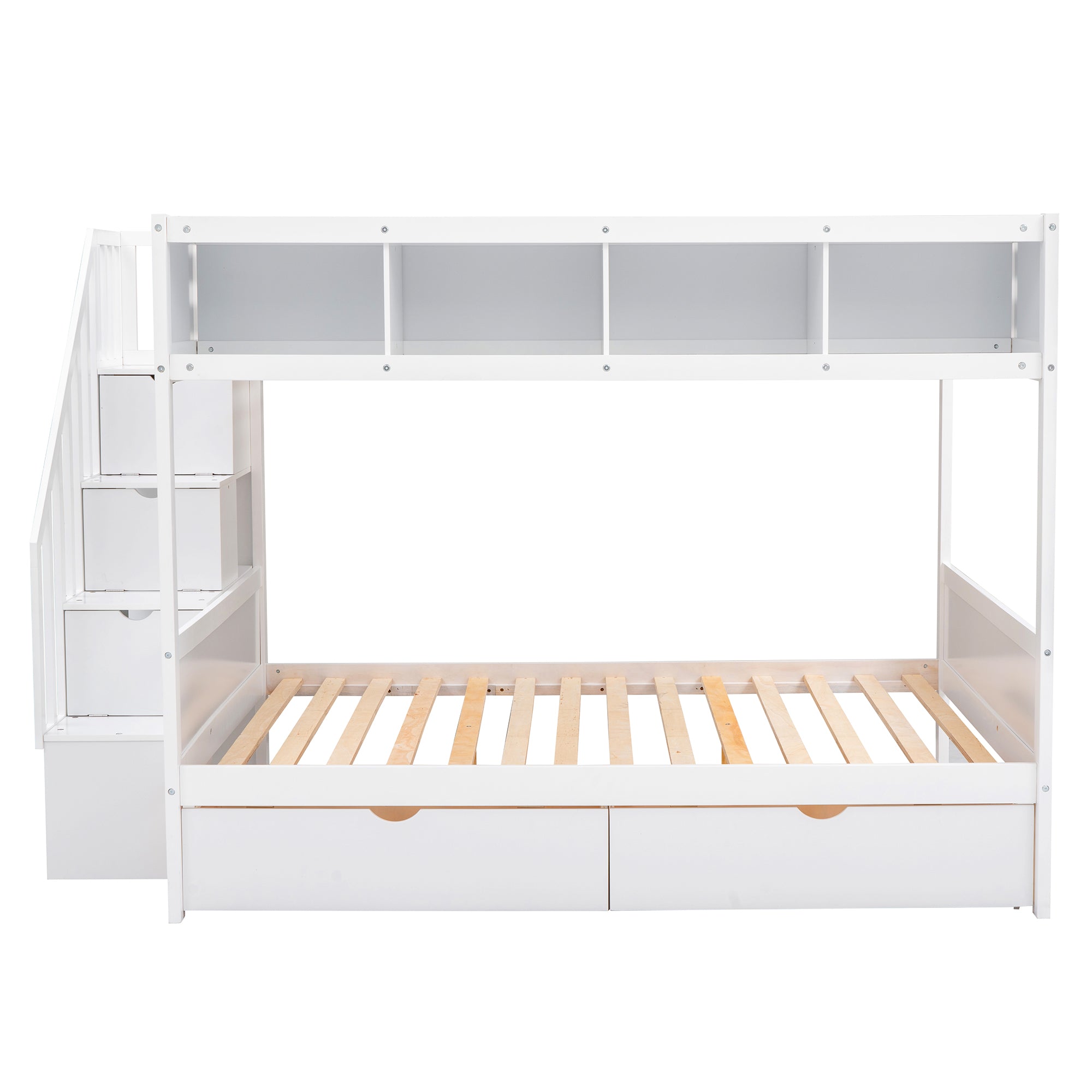 Royard Oaktree Twin over Full Bunk Bed with Top Shelves and Under-Bed Drawers Wood Bunk Bed Frame with Storage Staircase and Guardrail