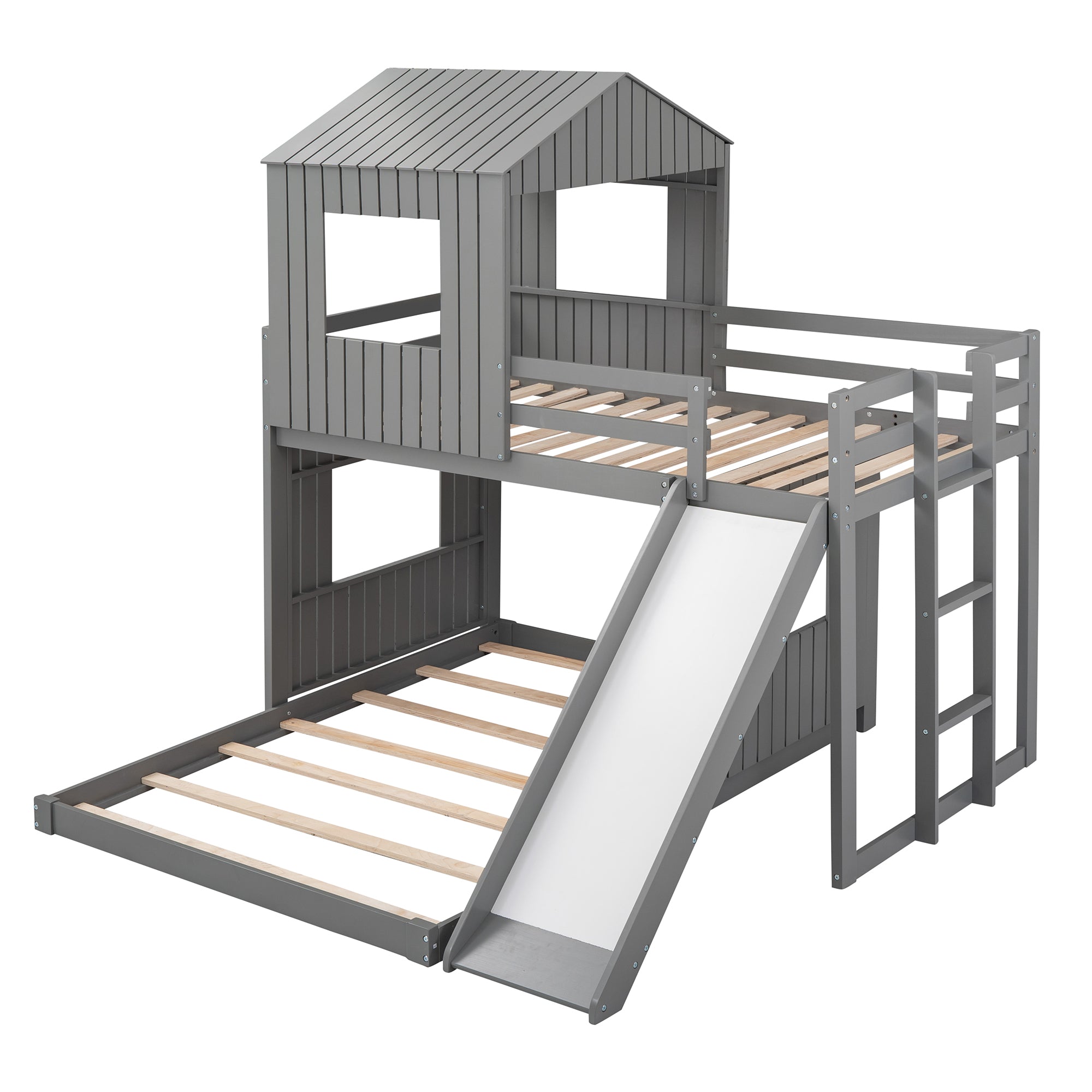 Royard Oaktree Twin Over Full House Bunk Beds with Roof and Windows Wooden Bunk Bed Frame with Ladder and Guardrails for Kids, Teens