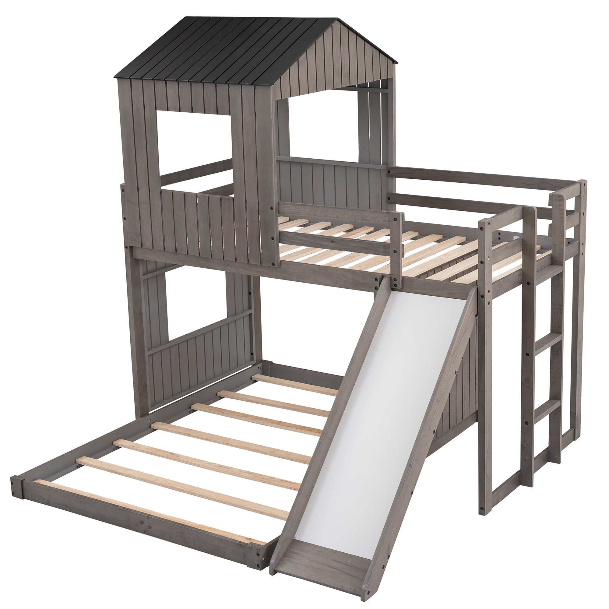 Royard Oaktree Twin Over Full House Bunk Beds with Roof and Windows Wooden Bunk Bed Frame with Ladder and Guardrails for Kids, Teens