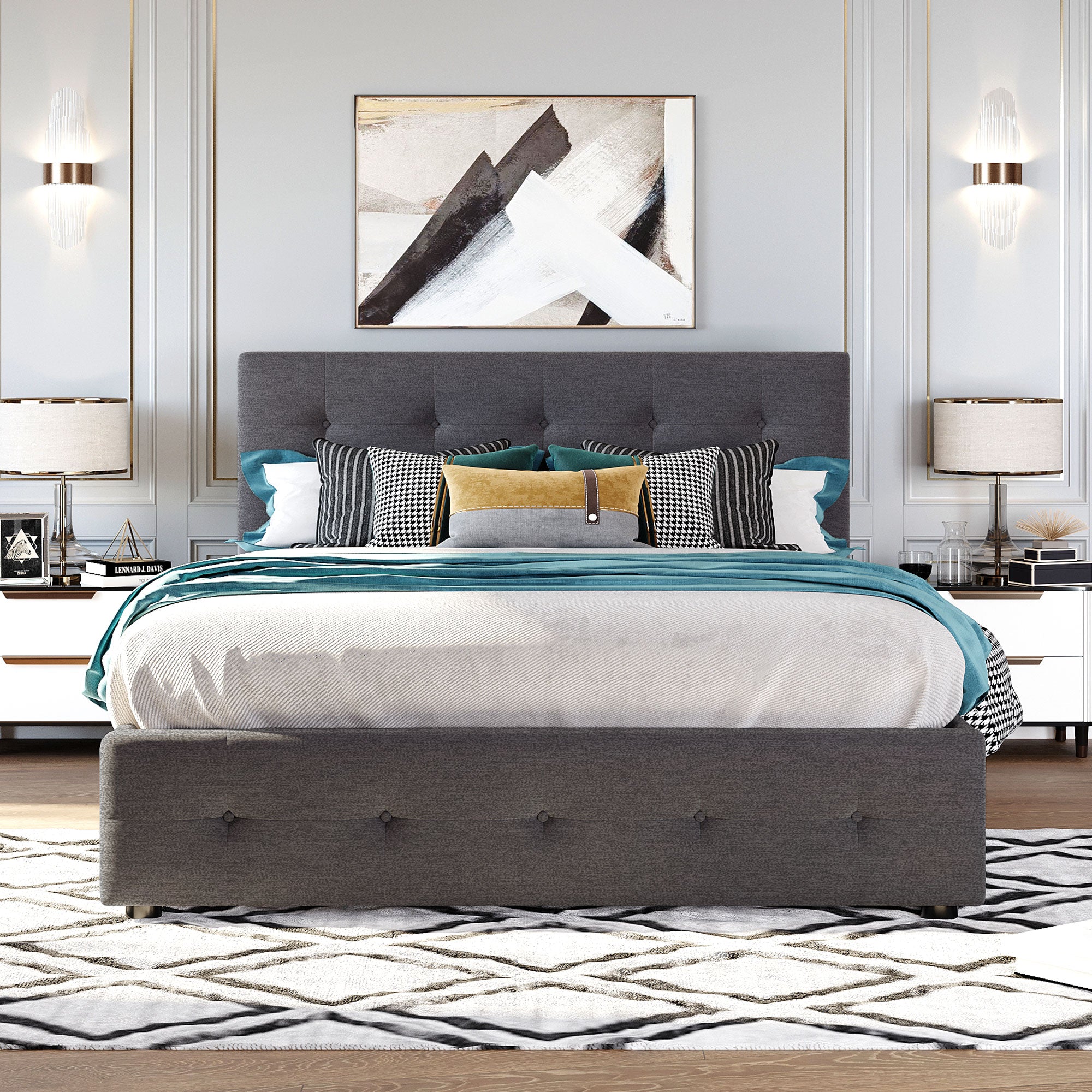 Royard Oaktree Queen Size Platform Bed with Two Drawers and Twin Trundle Linen Fabric Upholstered Bed Frame with Button-tufted Headboard