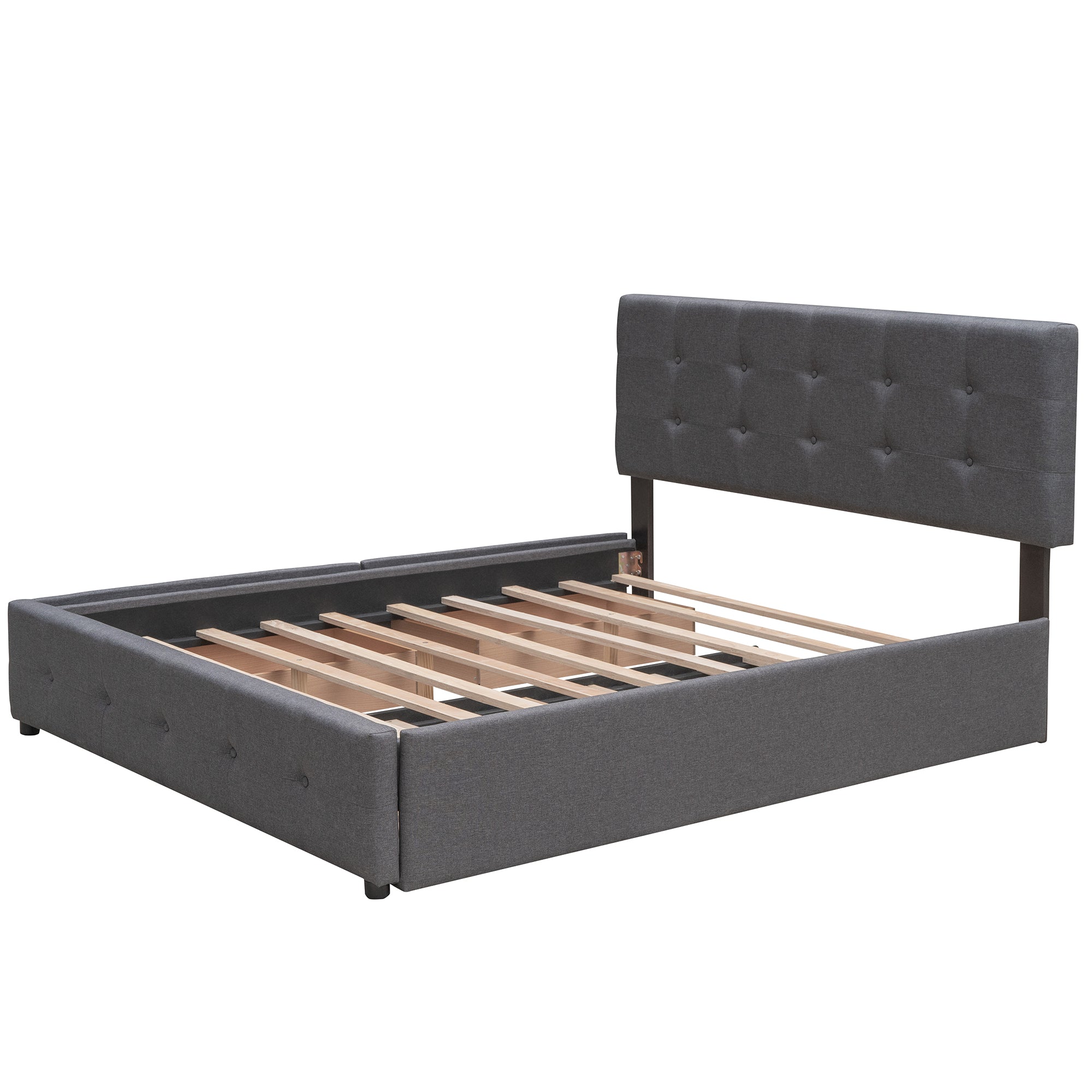 Royard Oaktree Queen Size Platform Bed with Two Drawers and Twin Trundle Linen Fabric Upholstered Bed Frame with Button-tufted Headboard