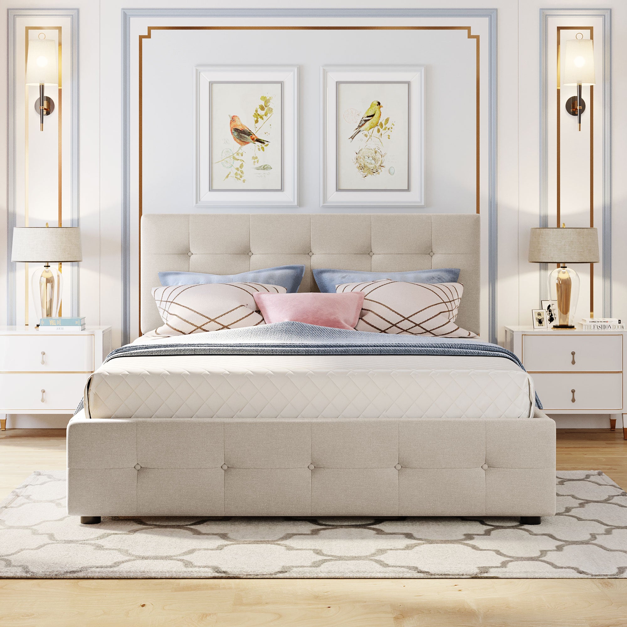 Royard Oaktree Queen Size Platform Bed with Two Drawers and Twin Trundle Linen Fabric Upholstered Bed Frame with Button-tufted Headboard