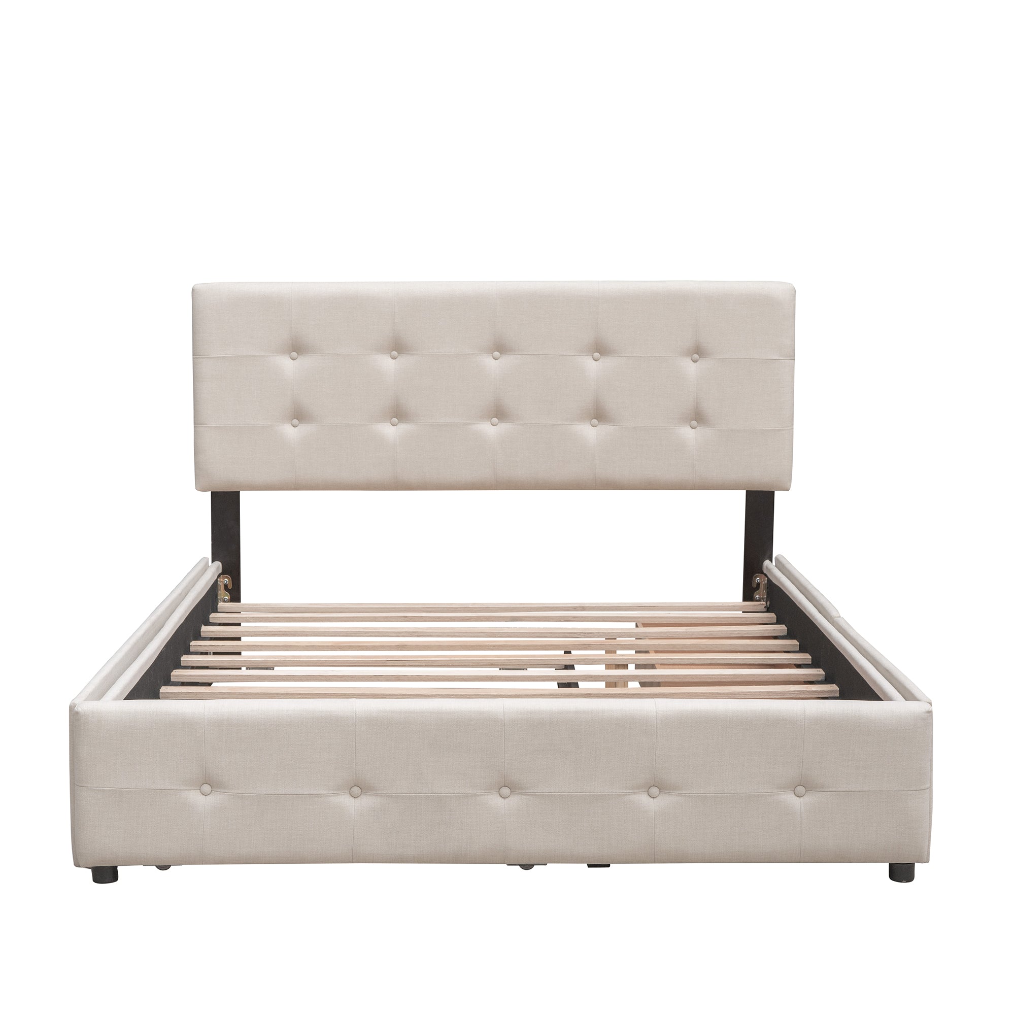 Royard Oaktree Queen Size Platform Bed with Two Drawers and Twin Trundle Linen Fabric Upholstered Bed Frame with Button-tufted Headboard