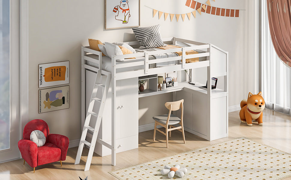 Royard Oaktree Twin Size Loft Bed with Wardrobe and Drawers Wood Loft Bed Frame with Built-in Desk with Shelves