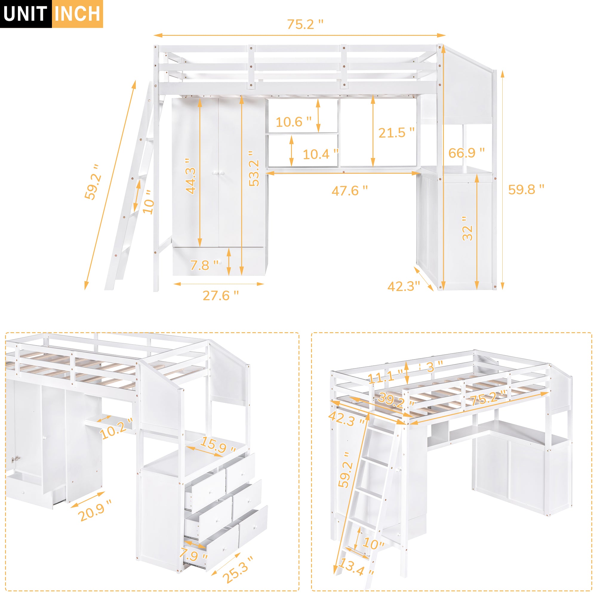 Royard Oaktree Twin Size Loft Bed with Wardrobe and Drawers Wood Loft Bed Frame with Built-in Desk with Shelves