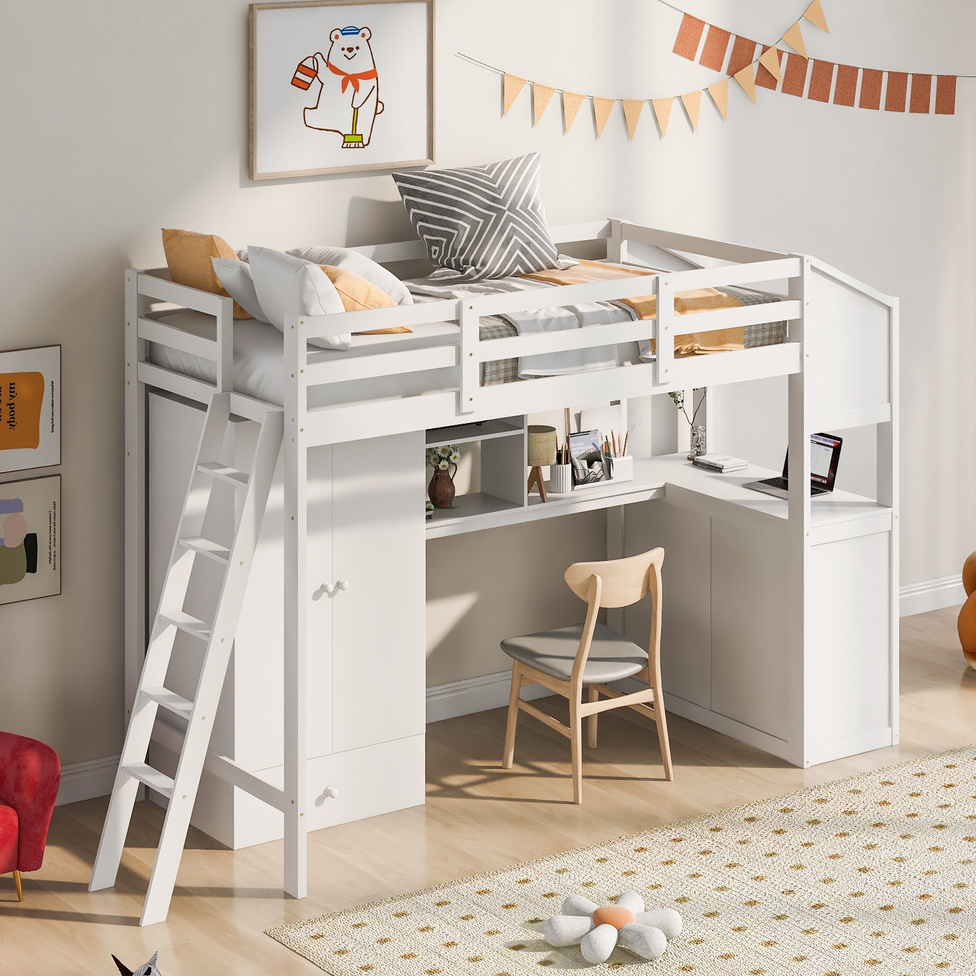 Royard Oaktree Twin Size Loft Bed with Wardrobe and Drawers Wood Loft Bed Frame with Built-in Desk with Shelves