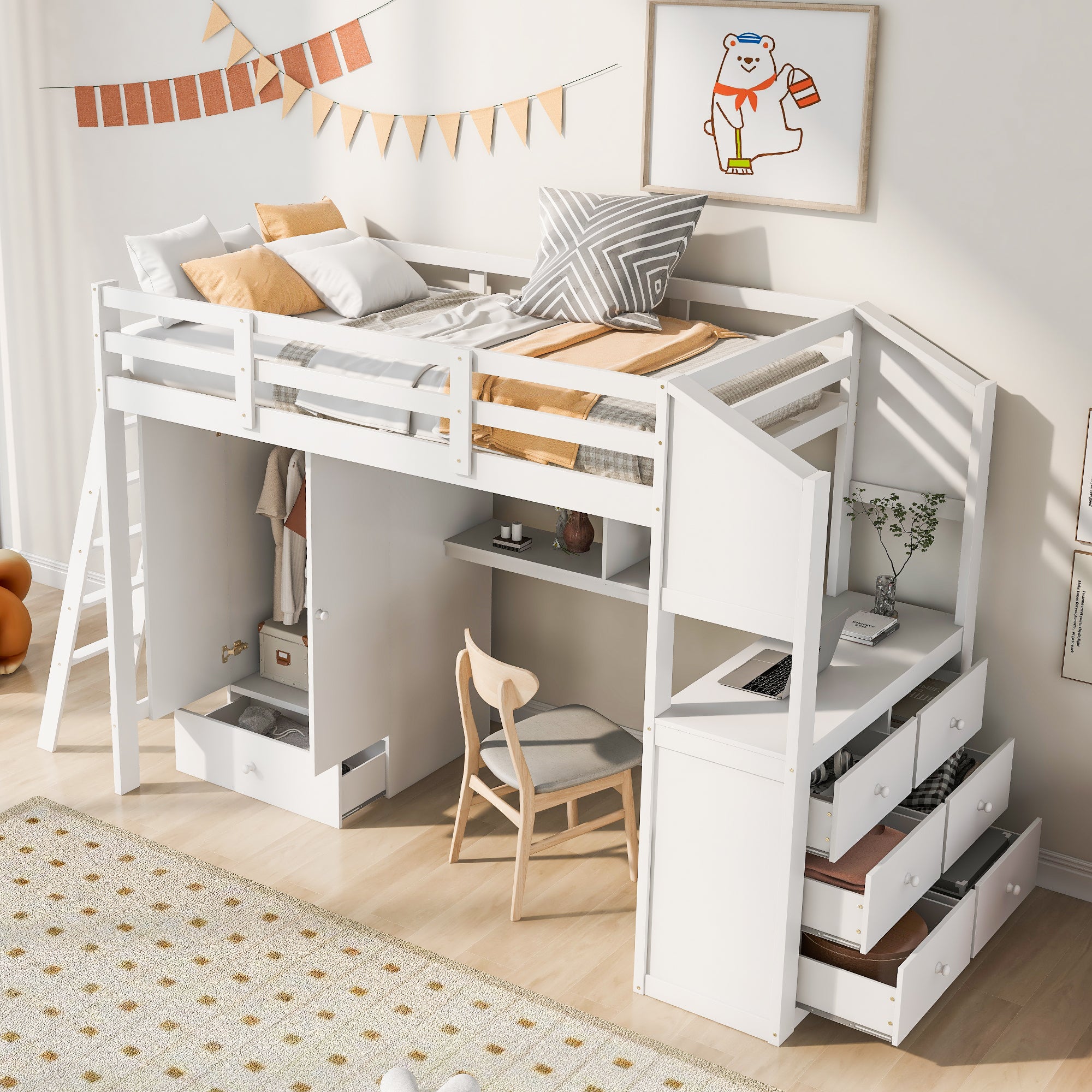 Royard Oaktree Twin Size Loft Bed with Wardrobe and Drawers Wood Loft Bed Frame with Built-in Desk with Shelves