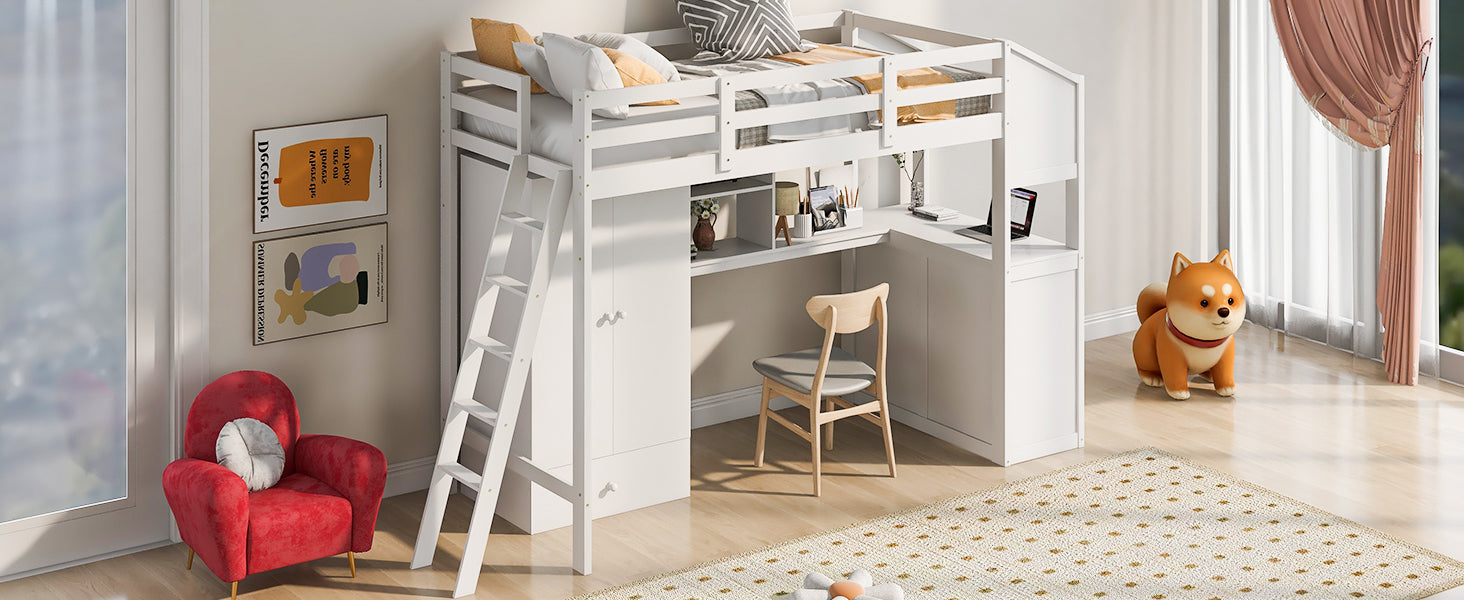 Royard Oaktree Twin Size Loft Bed with Wardrobe and Drawers Wood Loft Bed Frame with Built-in Desk with Shelves