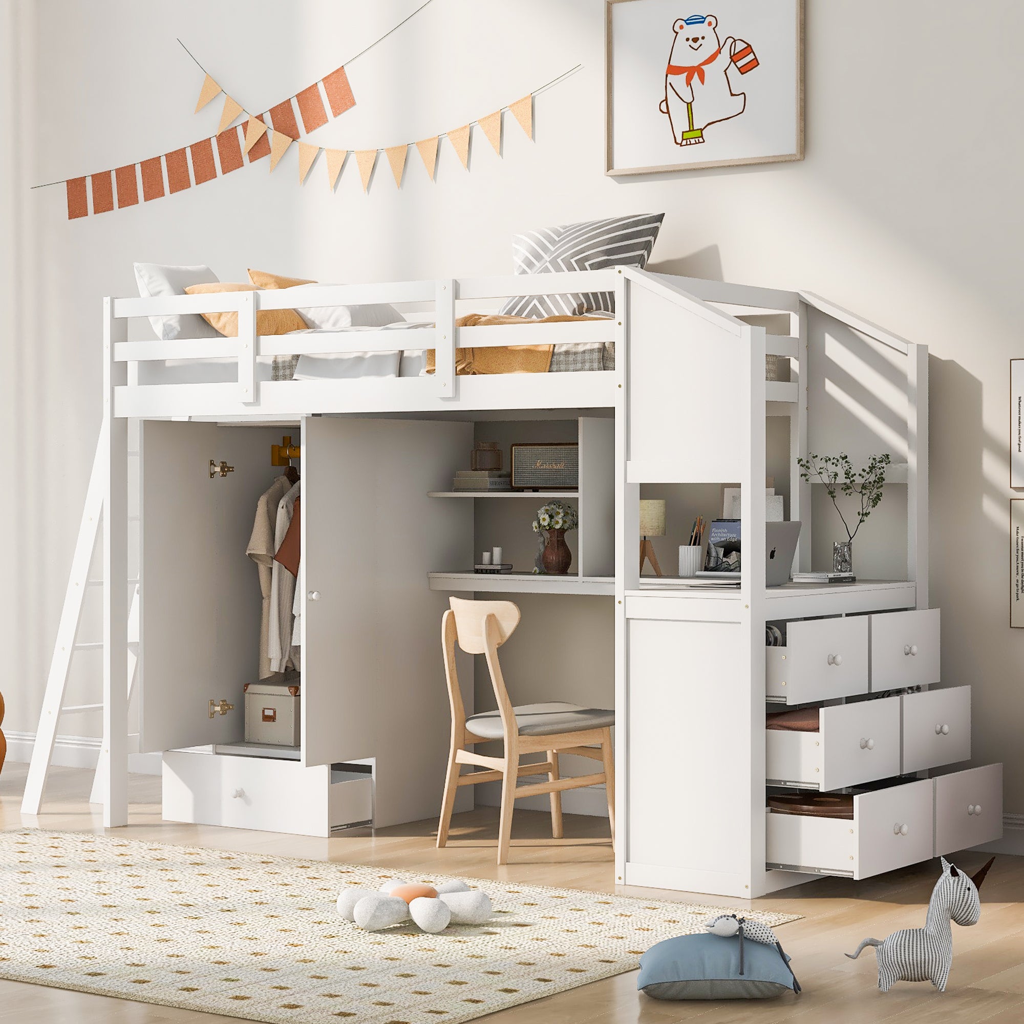 Royard Oaktree Twin Size Loft Bed with Wardrobe and Drawers Wood Loft Bed Frame with Built-in Desk with Shelves