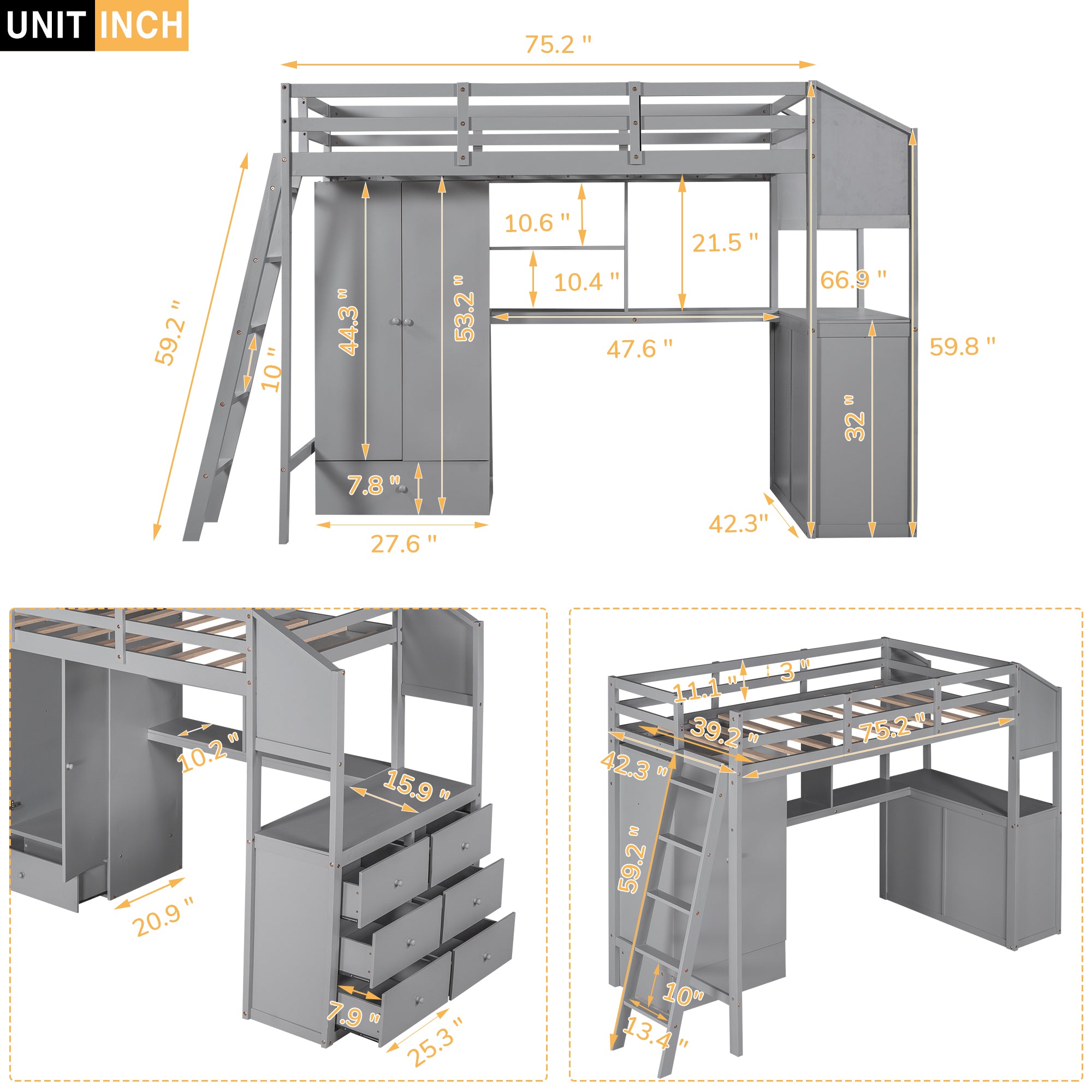 Royard Oaktree Twin Size Loft Bed with Wardrobe and Drawers Wood Loft Bed Frame with Built-in Desk with Shelves