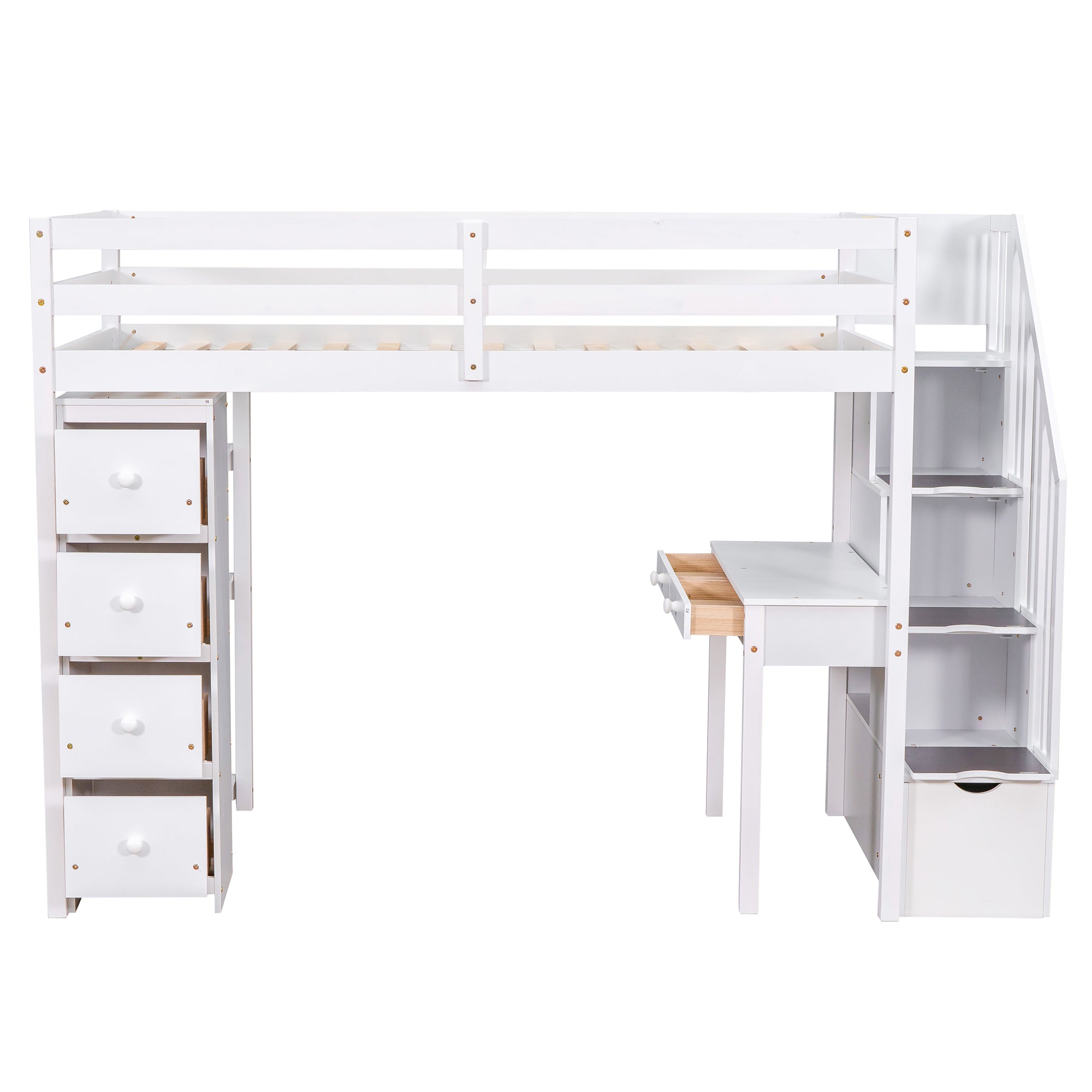 Royard Oaktree Twin Size Loft Bed with Built-in Desk Drawers and Shelves Wooden Loft Bed Frame with Guardrail and Storage Stairs for Kids Boys Girls Teens, No Box Spring Needed