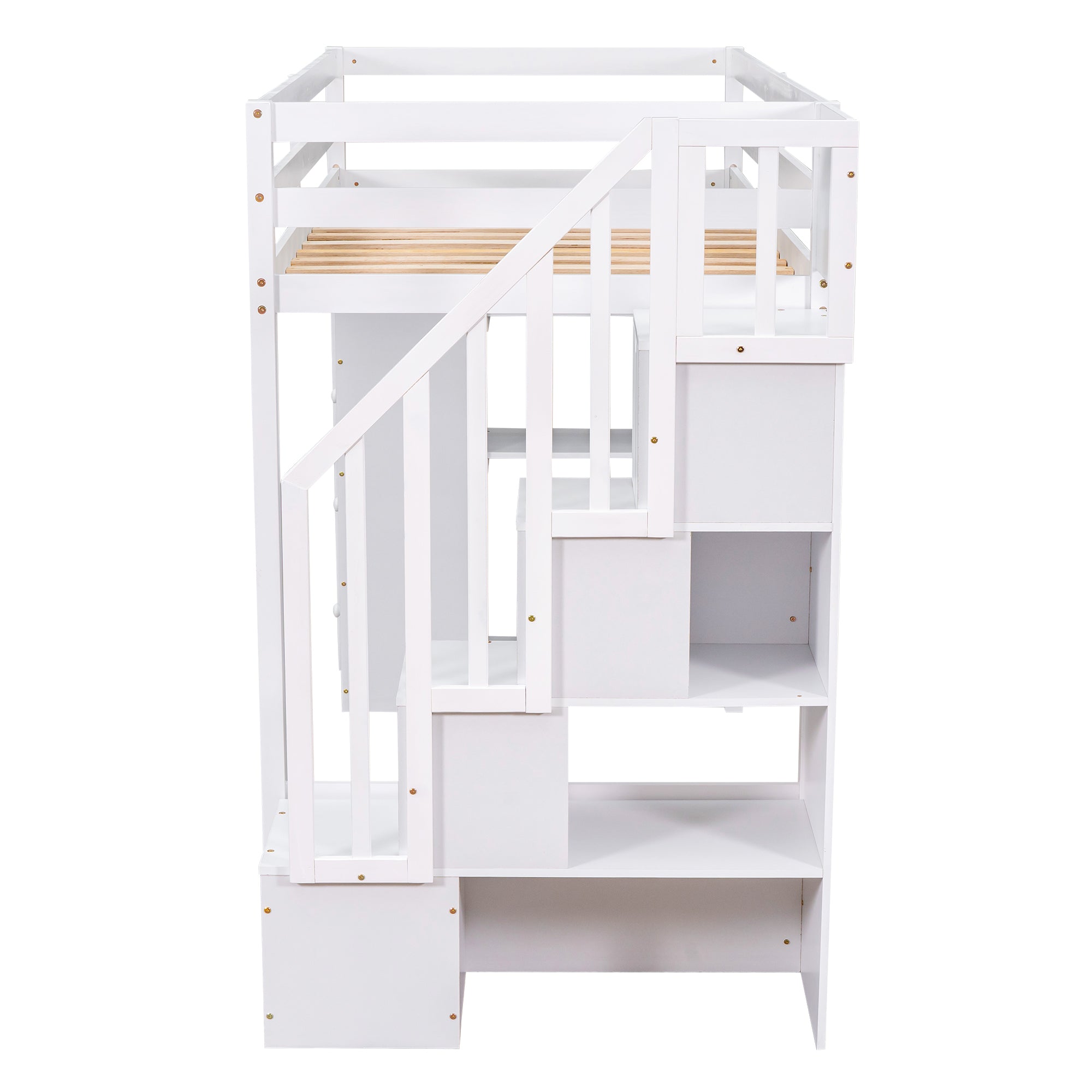 Royard Oaktree Twin Size Loft Bed with 4 Drawers and Shelves Wooden Loft Bed Frame with Guardrail and Storage Stairs for Kids Boys Girls Teens, No Box Spring Needed