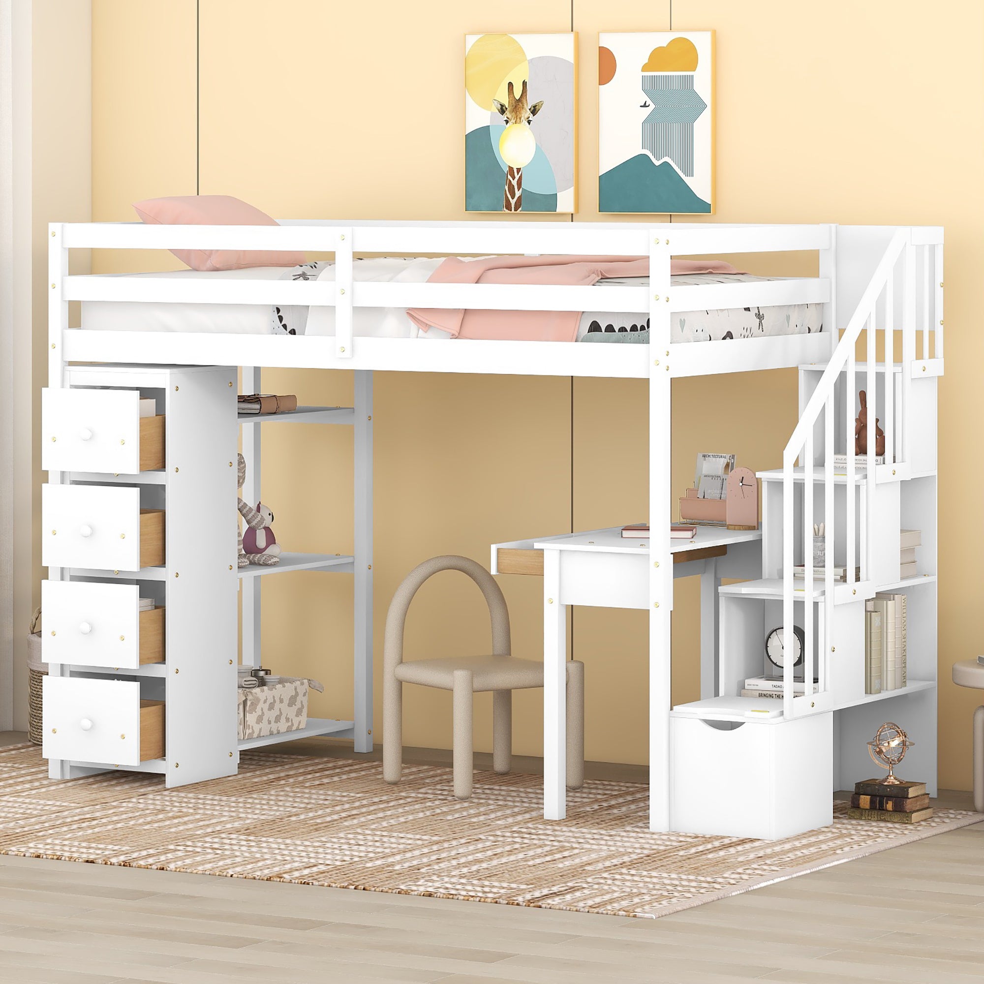 Royard Oaktree Twin Size Loft Bed with Built-in Desk Drawers and Shelves Wooden Loft Bed Frame with Guardrail and Storage Stairs for Kids Boys Girls Teens, No Box Spring Needed