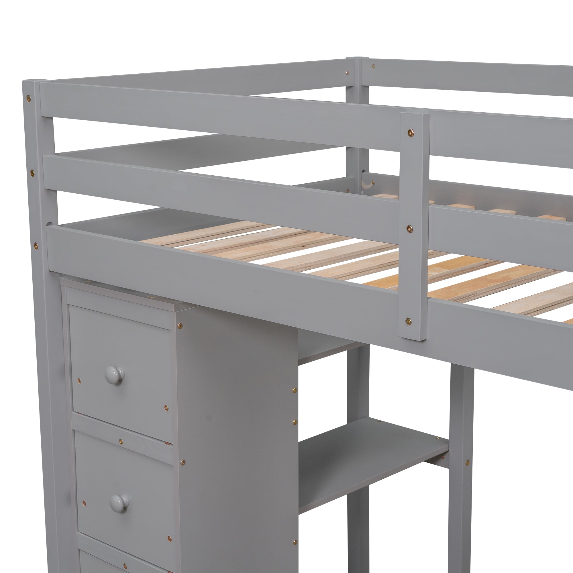 Royard Oaktree Twin Size Loft Bed with Built-in Desk Drawers and Shelves Wooden Loft Bed Frame with Guardrail and Storage Stairs for Kids Boys Girls Teens, No Box Spring Needed