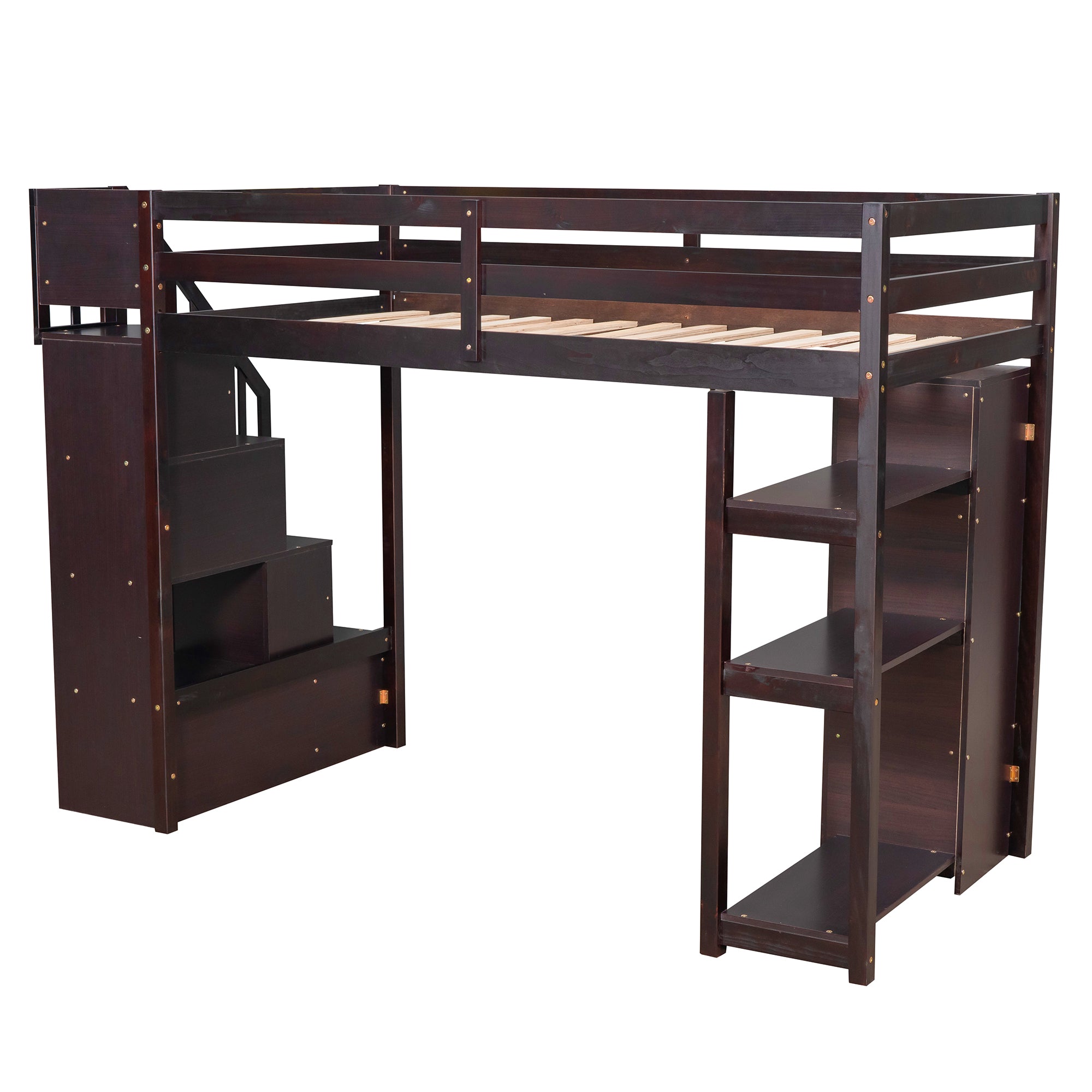 Royard Oaktree Twin Size Loft Bed with 4 Drawers and Shelves Wooden Loft Bed Frame with Guardrail and Storage Stairs for Kids Boys Girls Teens, No Box Spring Needed