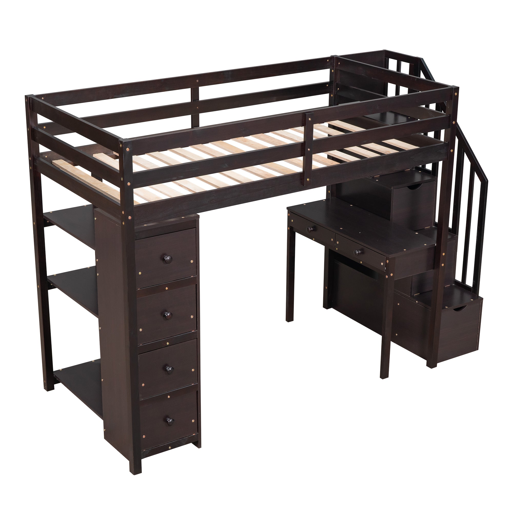 Royard Oaktree Twin Size Loft Bed with Built-in Desk Drawers and Shelves Wooden Loft Bed Frame with Guardrail and Storage Stairs for Kids Boys Girls Teens, No Box Spring Needed