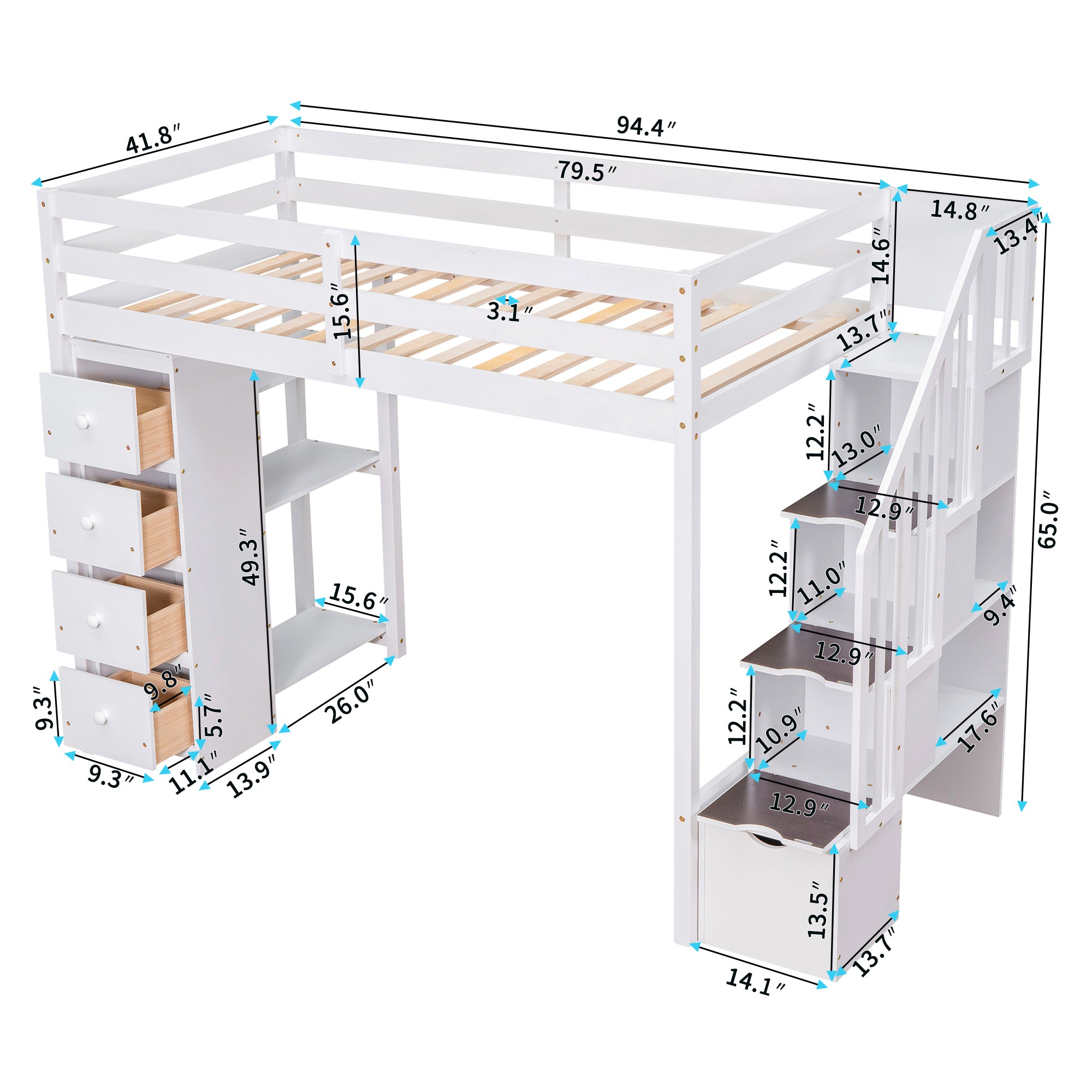 Royard Oaktree Twin Size Loft Bed with 4 Drawers and Shelves Wooden Loft Bed Frame with Guardrail and Storage Stairs for Kids Boys Girls Teens, No Box Spring Needed