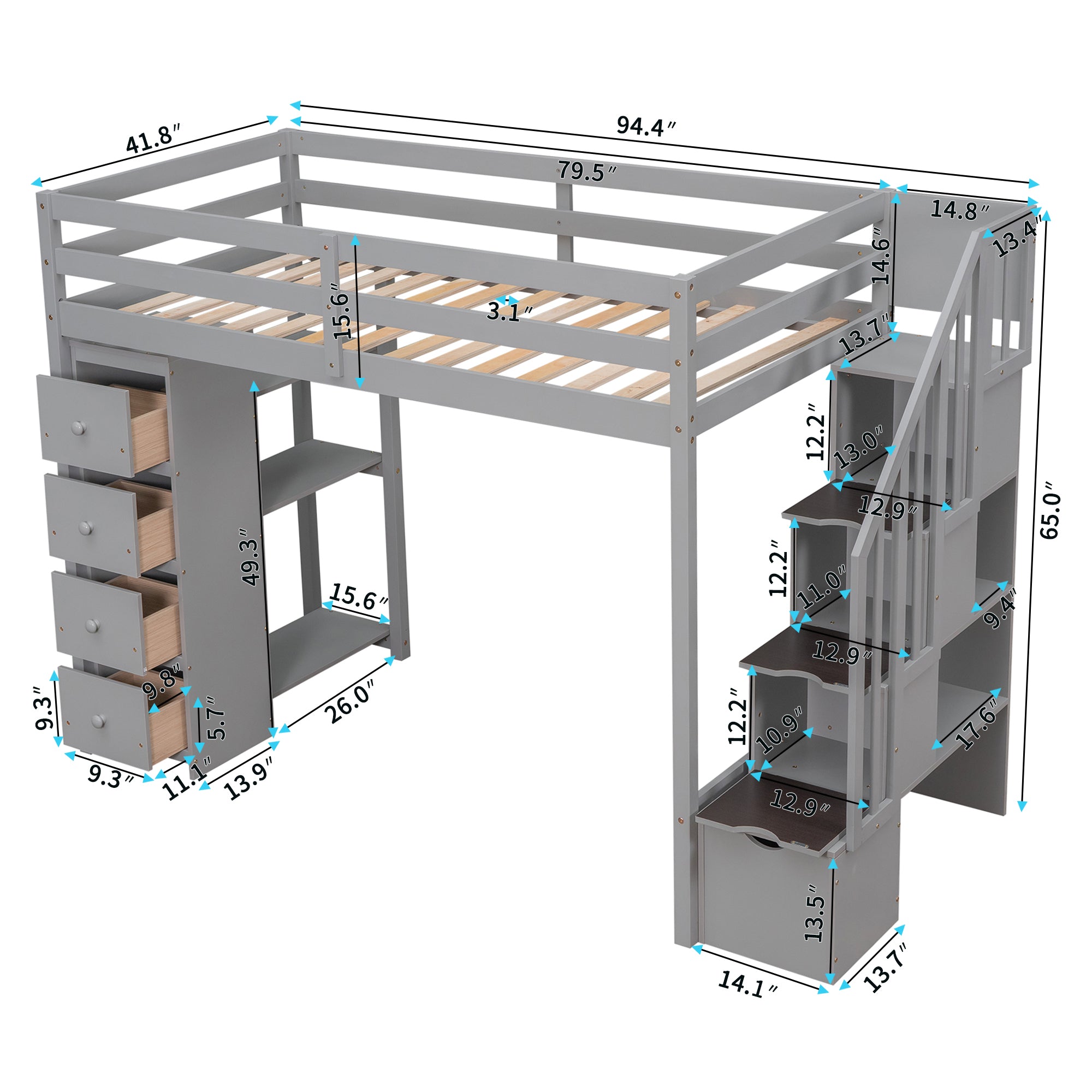 Royard Oaktree Twin Size Loft Bed with 4 Drawers and Shelves Wooden Loft Bed Frame with Guardrail and Storage Stairs for Kids Boys Girls Teens, No Box Spring Needed