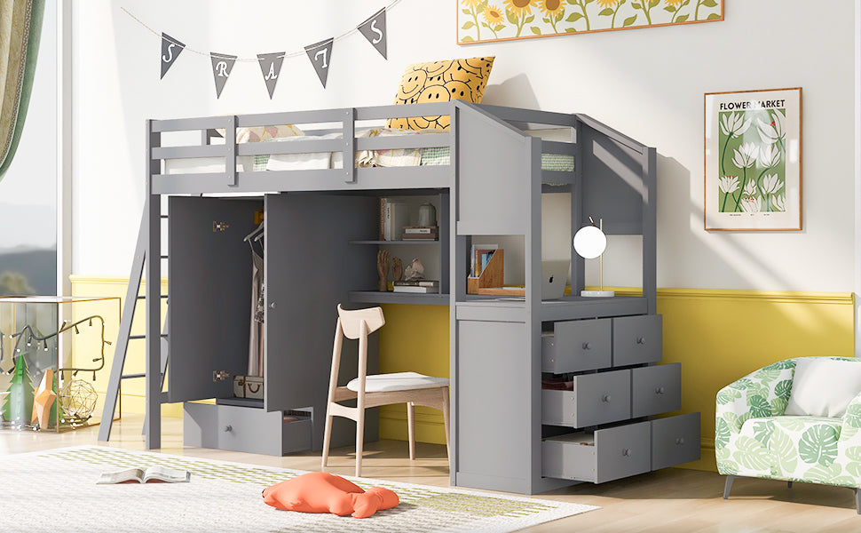 Royard Oaktree Twin Size Loft Bed with Wardrobe and Drawers Wood Loft Bed Frame with Built-in Desk with Shelves