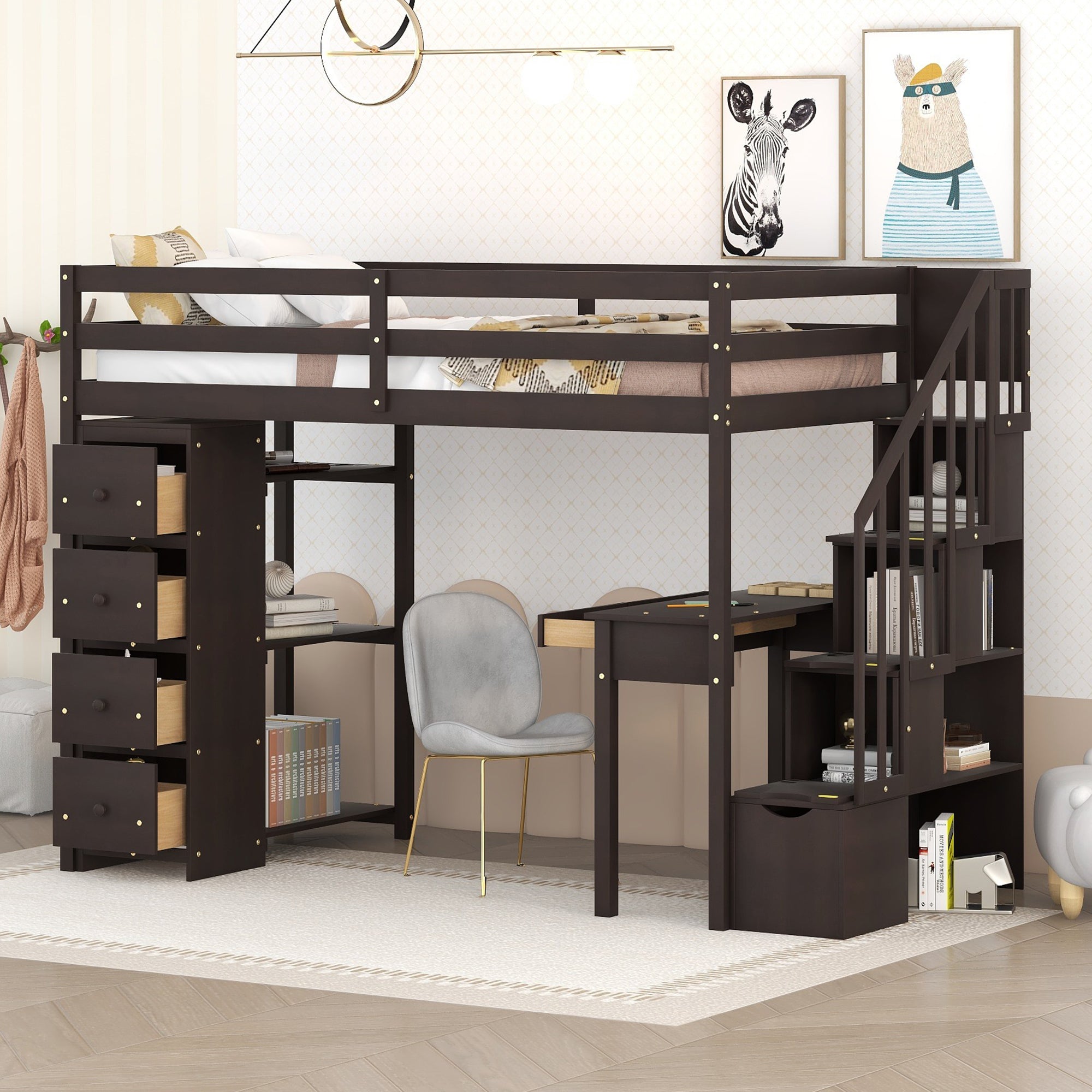 Royard Oaktree Twin Size Loft Bed with Built-in Desk Drawers and Shelves Wooden Loft Bed Frame with Guardrail and Storage Stairs for Kids Boys Girls Teens, No Box Spring Needed