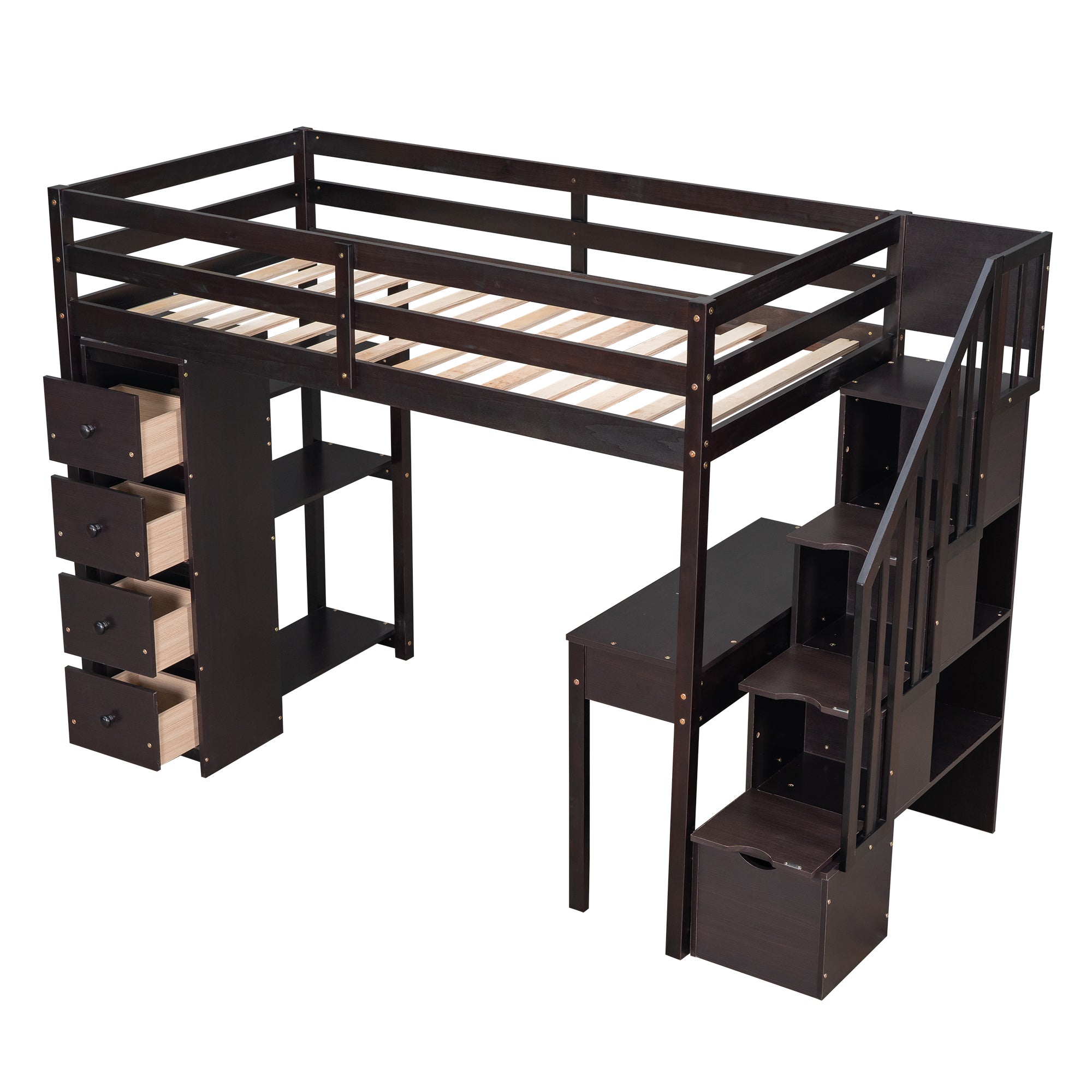 Royard Oaktree Twin Size Loft Bed with Built-in Desk Drawers and Shelves Wooden Loft Bed Frame with Guardrail and Storage Stairs for Kids Boys Girls Teens, No Box Spring Needed