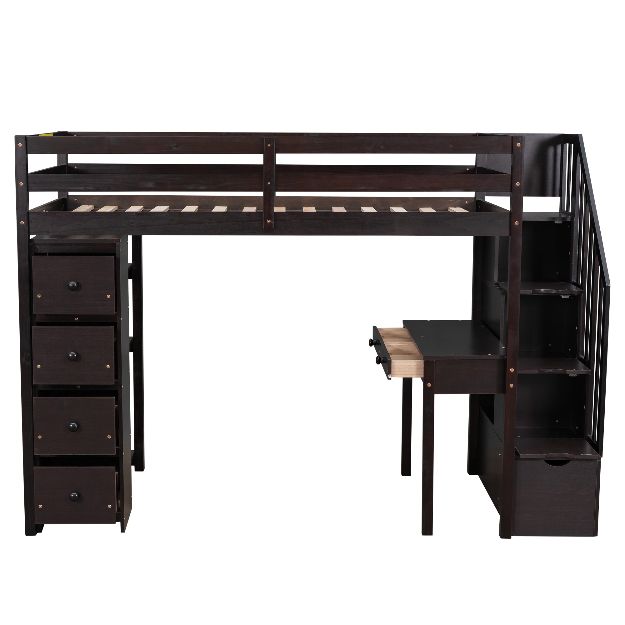 Royard Oaktree Twin Size Loft Bed with Built-in Desk Drawers and Shelves Wooden Loft Bed Frame with Guardrail and Storage Stairs for Kids Boys Girls Teens, No Box Spring Needed